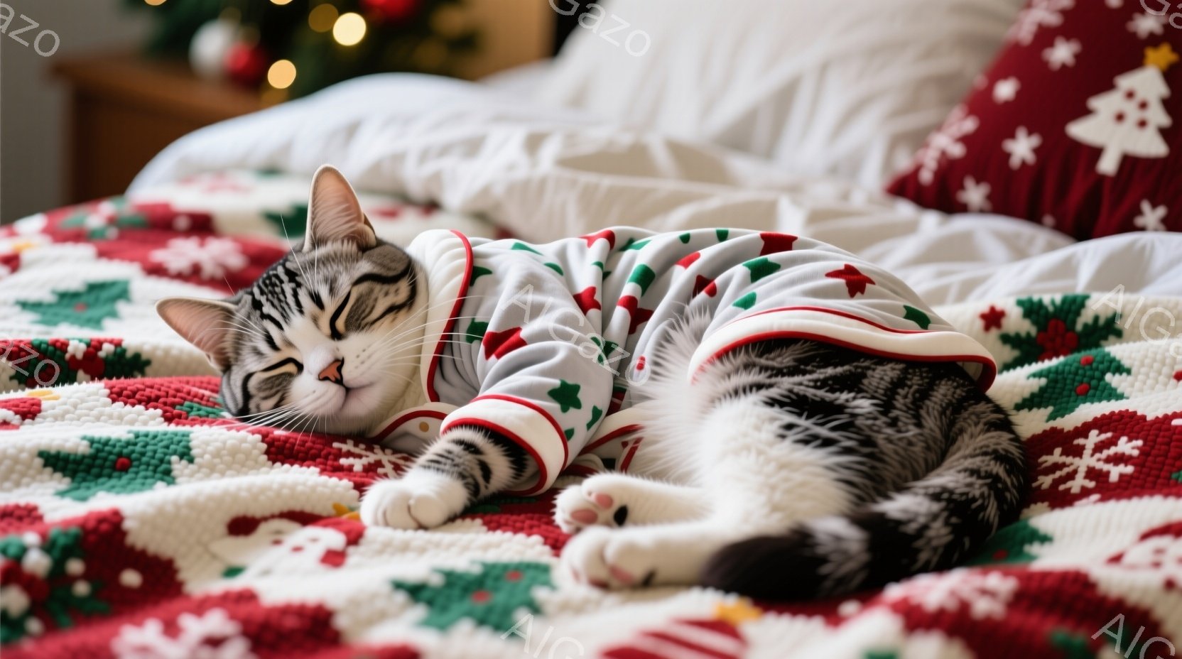 縞模様の猫が、クリスマスの柄が入った白いセーターを着て仰向けに寝ています。猫は目を閉じてリラックスした表情で、手足を広げて横たわっています。背景には、赤い毛布とクリスマスツリーのぼんやりとした光が見え - AI生成フリー素材