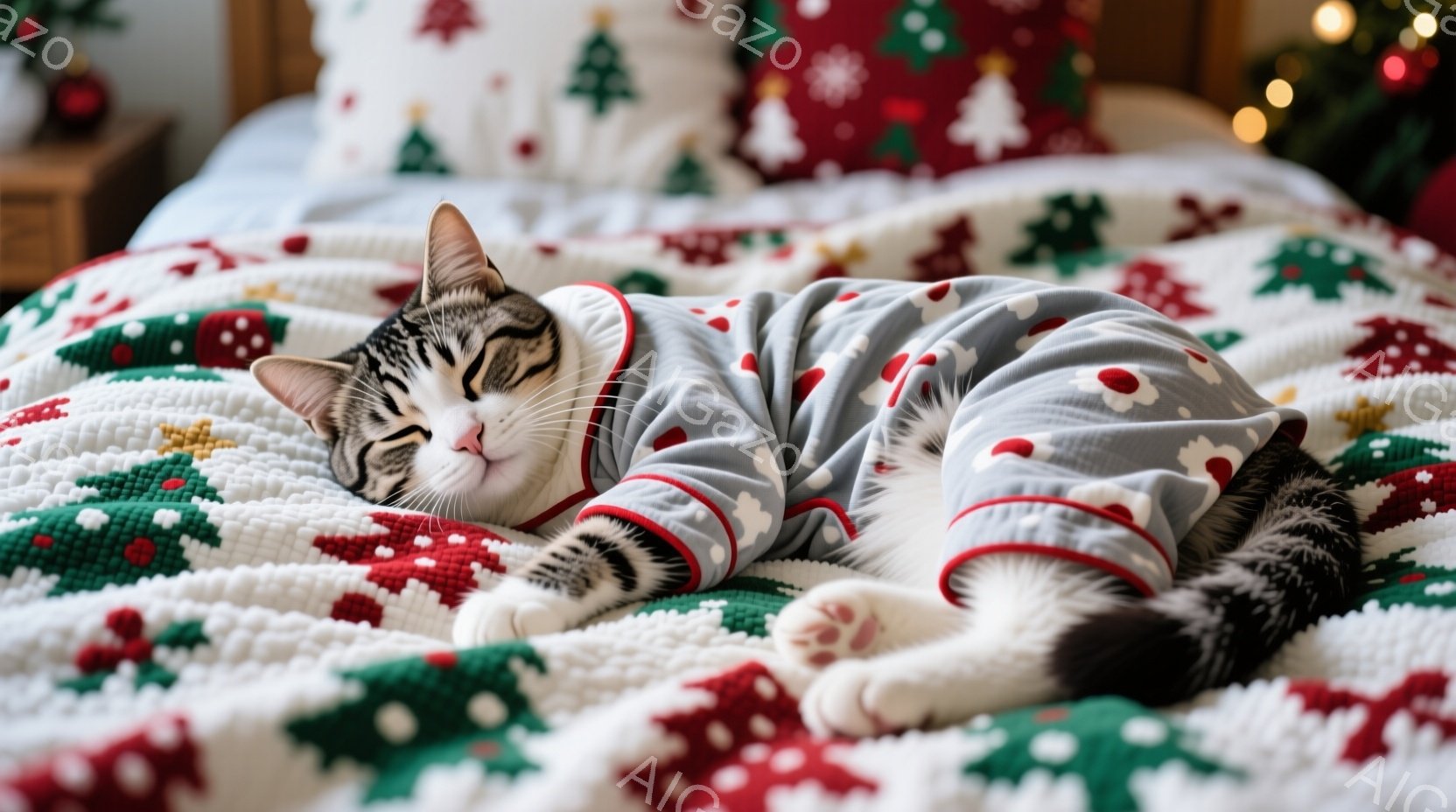 白地に赤と緑のクリスマス柄のベッドの上に、縞模様の猫が青灰色のパジャマを着て横たわっています。猫は目を閉じてリラックスした表情で、手足を伸ばして快適そうに眠っています。背景にはぼやけたクリスマスツリー - AI生成フリー素材