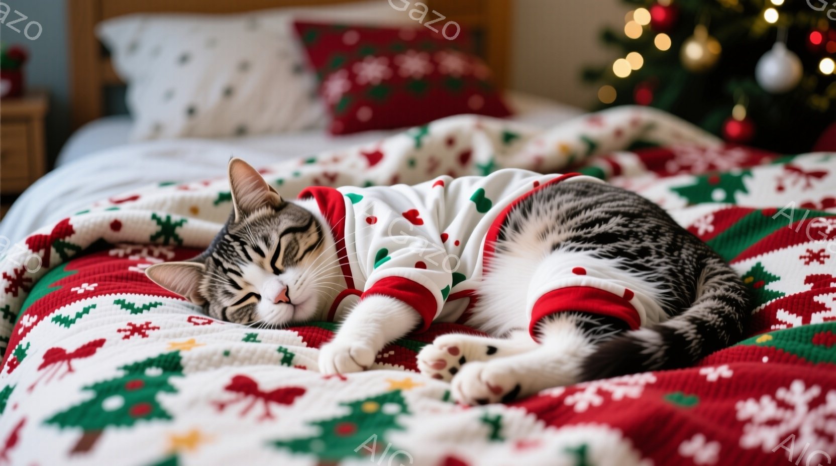 縞模様の猫が赤い縁取りの白いセーターを着て、赤い模様のあるベッドの上で横たわっています。猫は目を閉じてリラックスした表情で、前足を伸ばして眠っているようです。背景にはクリスマスツリーのぼやけた光があり - AI生成フリー素材