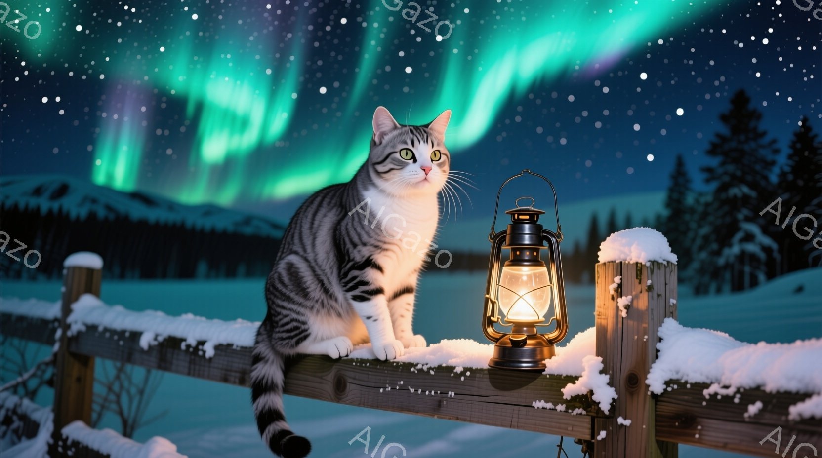 白と黒の縞模様の猫が雪に覆われた木製の柵の上に座り、遠くの森を眺めている。背景には、緑と紫のオーロラが広がる夜空と、雪に覆われた暗い森が見える。明るく光るランタンが柵の上に置かれ、猫の姿を照らしている - AI生成フリー素材
