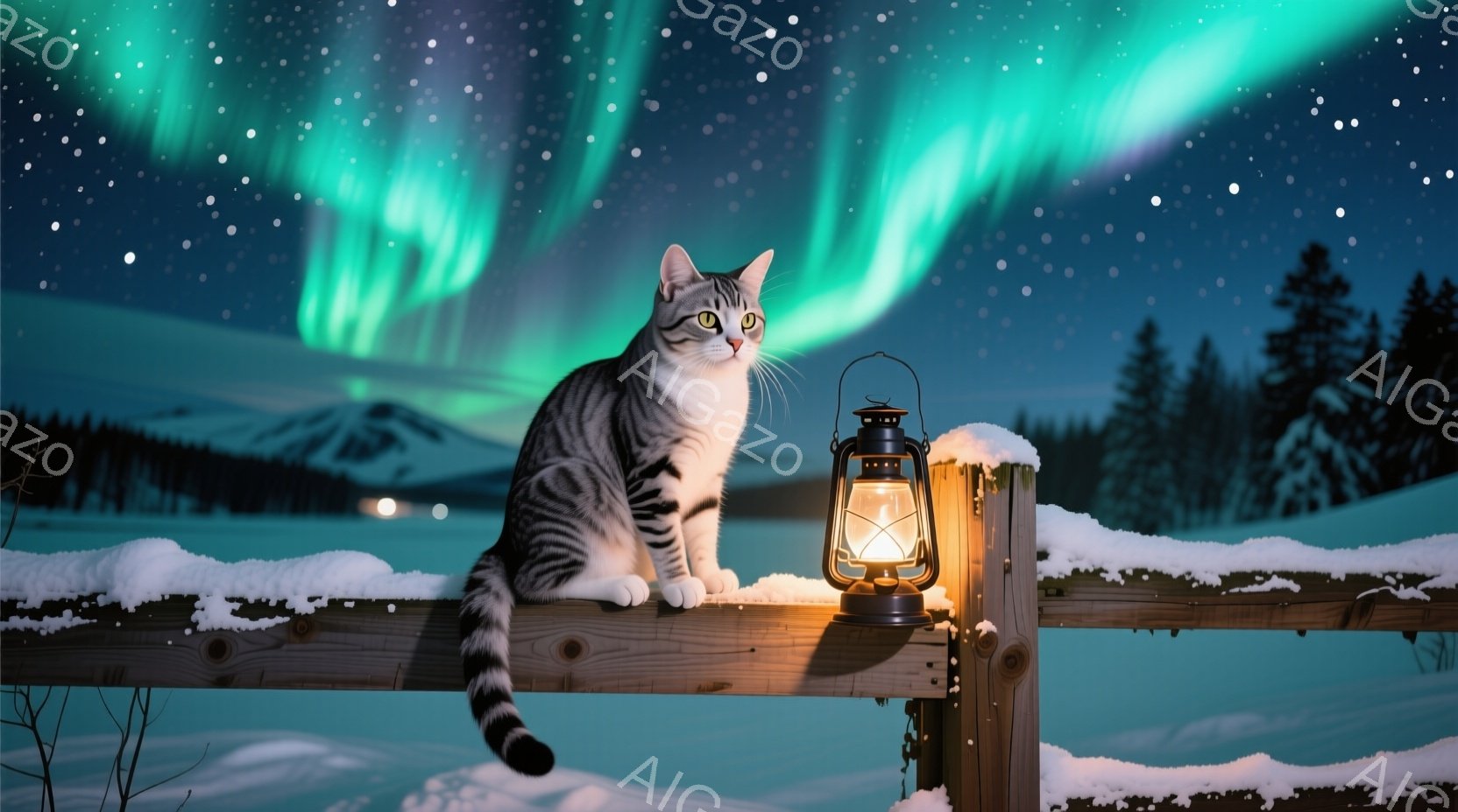 雪に覆われた柵の上に、縞模様の猫が座って遠くを見つめている。背景には緑色のオーロラが夜空を彩り、雪景色と合わせて幻想的な雰囲気を醸し出している。古風なランタンが柵に寄りかかっており、暖かく穏やかな光を - AI生成フリー素材