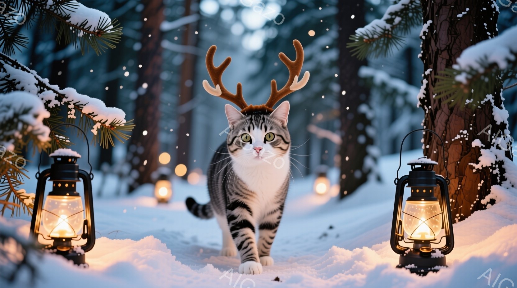 白と灰色の縞模様の猫が、角のような飾りを頭に付けて雪の中をまっすぐ歩いてくる。背景には雪に覆われた木々と、ぼんやりと光るランタンが並び、幻想的な雰囲気を醸し出している。全体的に、冬の森の中で見かける不 - AI生成フリー素材