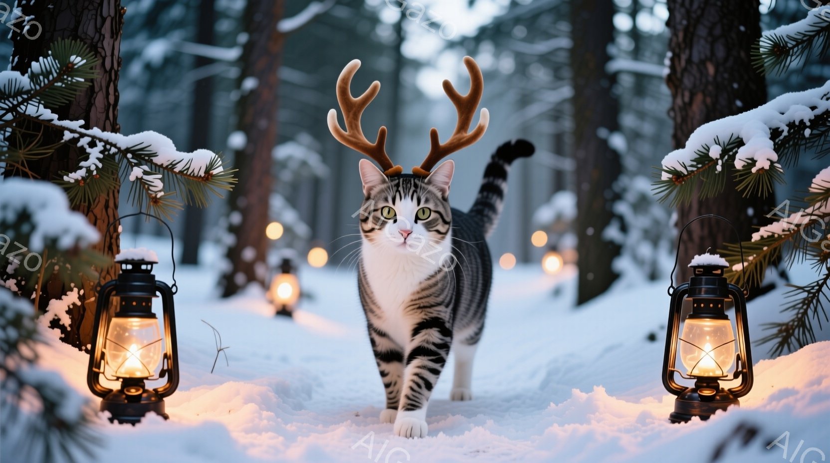 白と灰色の縞模様の猫が、頭に小さな角をつけて雪の中をまっすぐ歩いている。背景には雪に覆われた木々と、ぼんやりと光るランタンがあり、冬の幻想的な雰囲気を醸し出している。猫の表情は落ち着いており、雪景色の - AI生成フリー素材