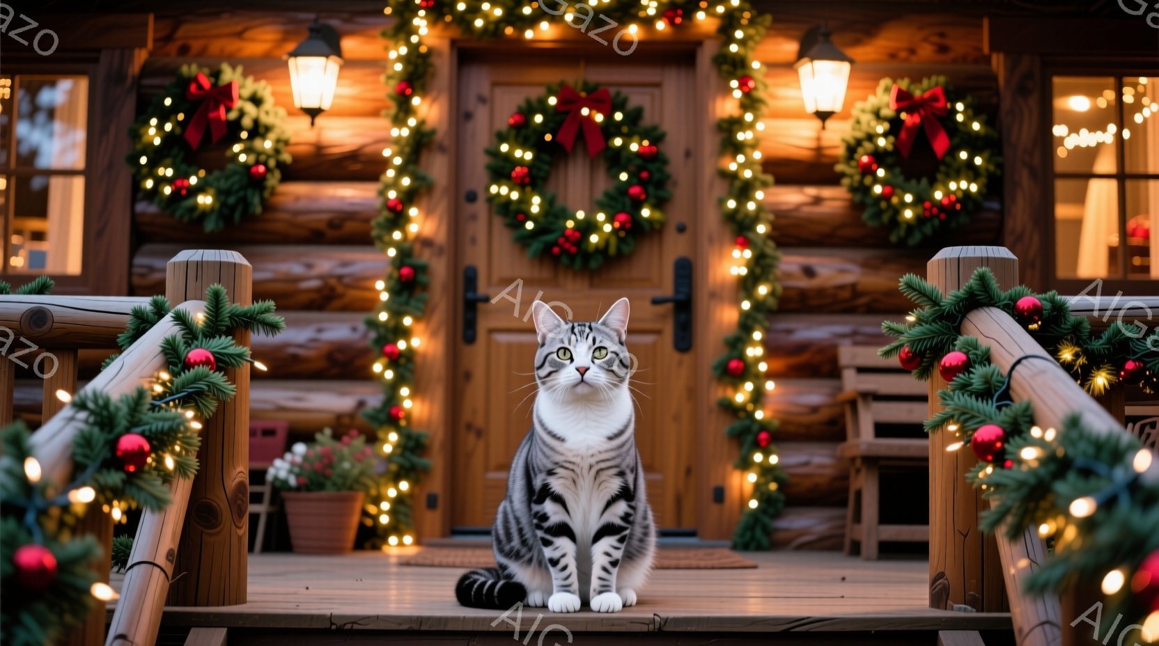 白と灰色の縞模様の猫が、クリスマスの装飾が施された家の階段に座って正面を見ています。家の外壁は木製で、玄関にはクリスマスリースが飾られ、階段の手すりにはモミの枝と赤い飾り付けが施されています。暖かく、 - AI生成フリー素材