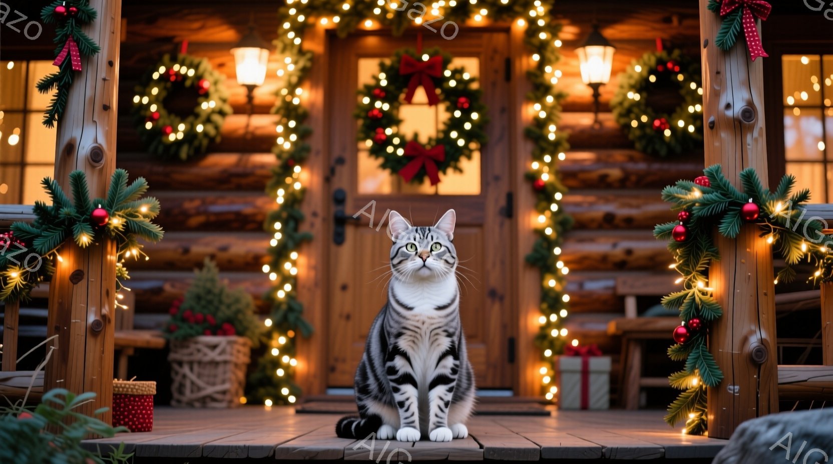 白と灰色の縞模様の猫が、クリスマス装飾された家のポーチに座っています。背景には、クリスマスリースや光る電飾で飾られた玄関ドアが見え、ポーチには赤いリボンと緑の装飾が施された植物が置かれています。全体的に、暖かく、お祝いムードにあふれた、クリスマスの雰囲気を感じさせる画像です。