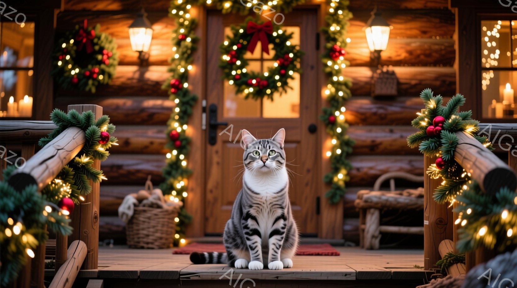 灰色の縞模様の猫が、クリスマスの装飾が施された家のポーチの階段に座っています。背景には、クリスマスリースや光るイルミネーションで飾られた木製のキャビンがあり、暖かくお祝いの雰囲気を醸し出しています。猫 - AI生成フリー素材