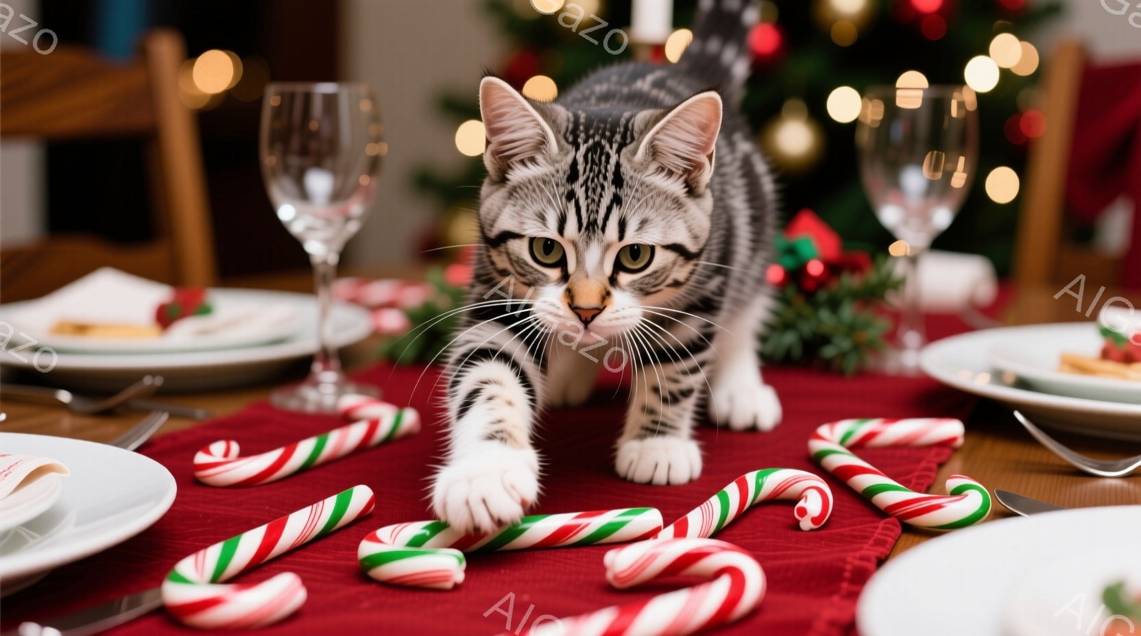 テーブルの上に、縞模様の小さな子猫がキャンディケーンの間を歩いています。背景には、ぼやけたクリスマスツリーと、食卓の食器が見え、暖かくお祝いムードを醸し出しています。子猫は好奇心旺盛な表情で、遊び心の - AI生成フリー素材