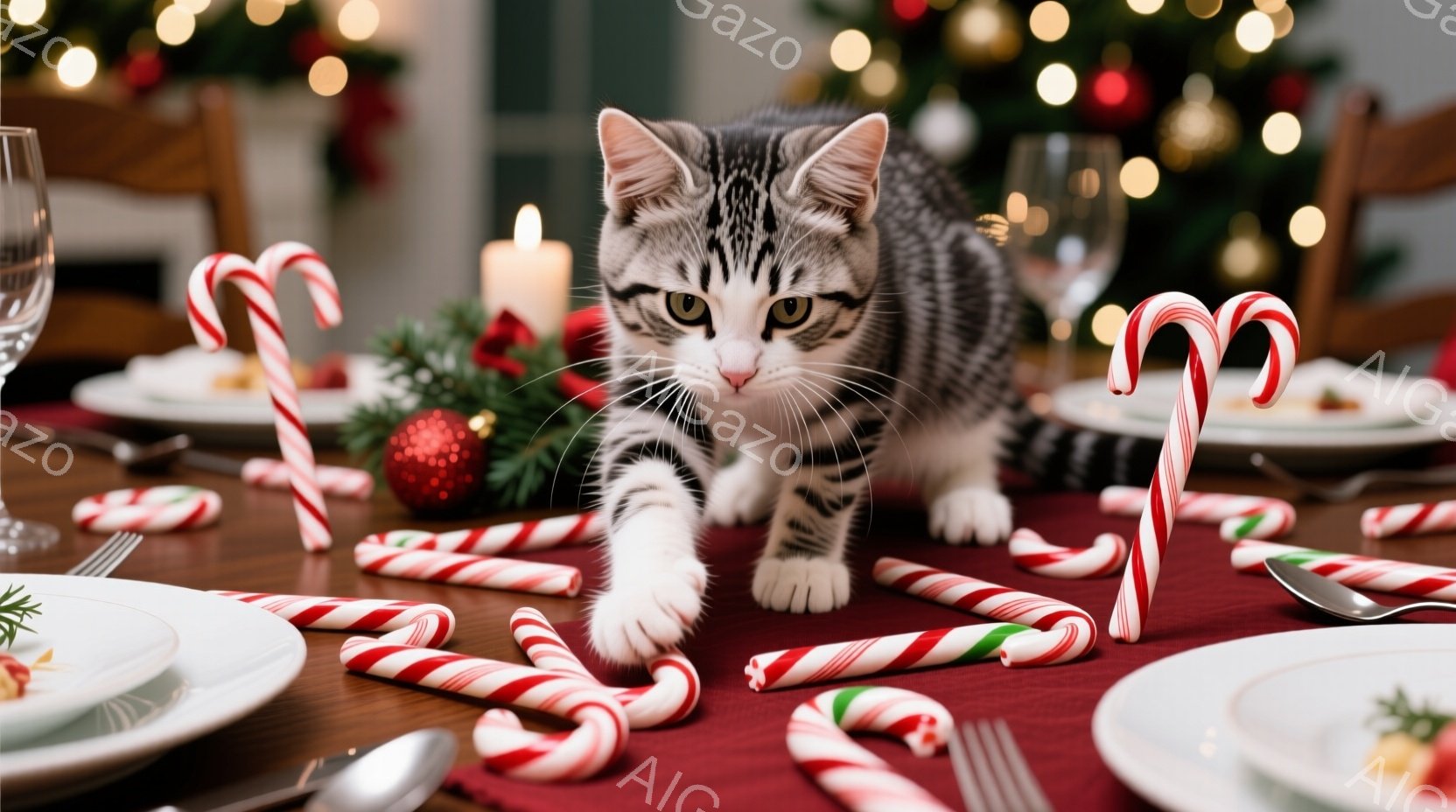 赤いテーブルクロスの上に、縞模様の小さな子猫が、テーブルに散らばるペパーミントキャンディに向かって這い寄っている様子が写っている。背景には、ぼやけたクリスマスツリーと、ろうそくの光が暖かく灯っており、お祝いの雰囲気を醸し出している。可愛らしい子猫の好奇心旺盛な表情と、クリスマスらしい背景が、ほっこりとした温かい雰囲気を演出している。