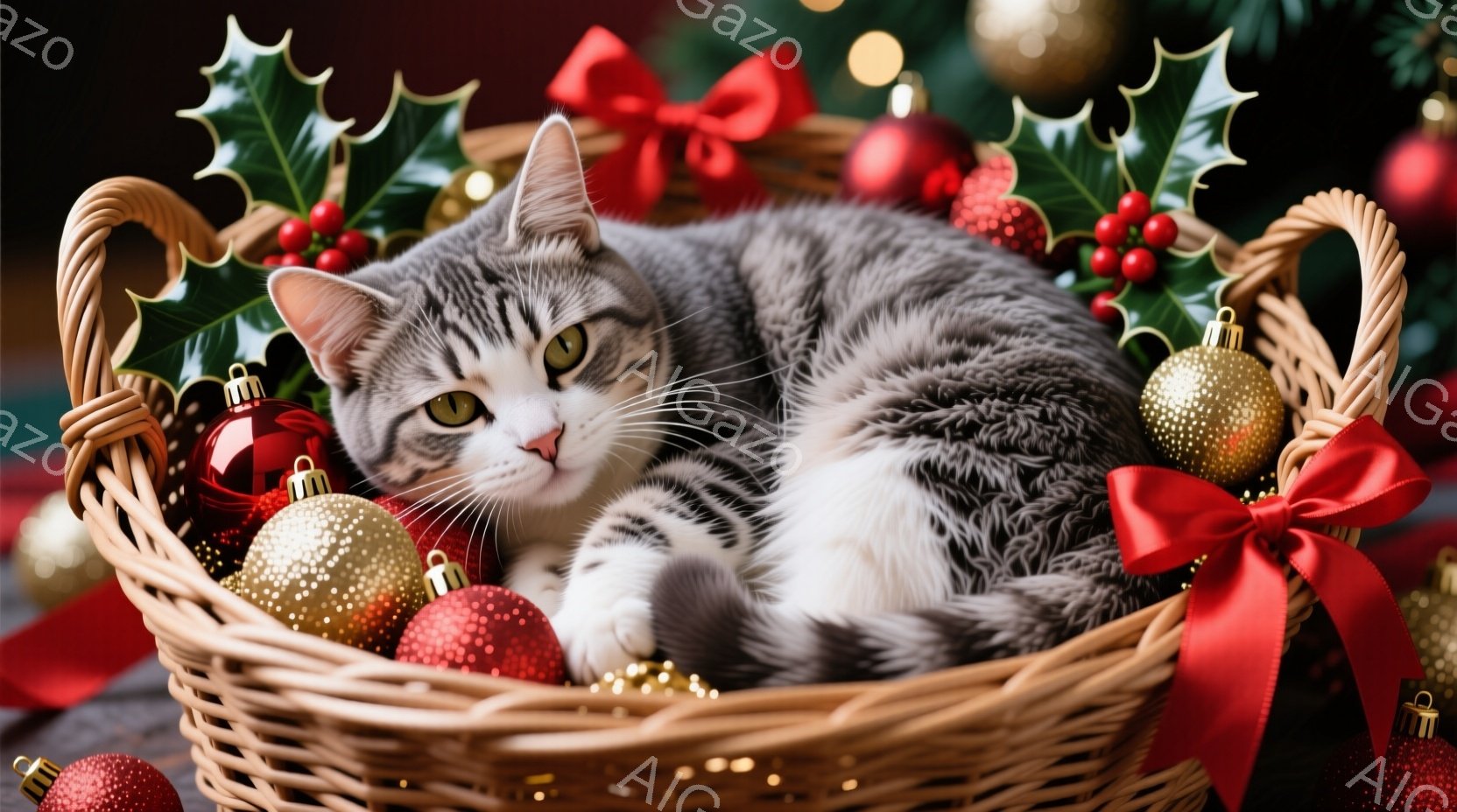 灰色の縞模様の猫が、赤いリボンと装飾が施されたバスケットの中にゆったりと横たわっています。背景には、クリスマスツリーの葉や赤い実、金色のオーナメントが散りばめられ、お祝いの雰囲気を醸し出しています。猫 - AI生成フリー素材