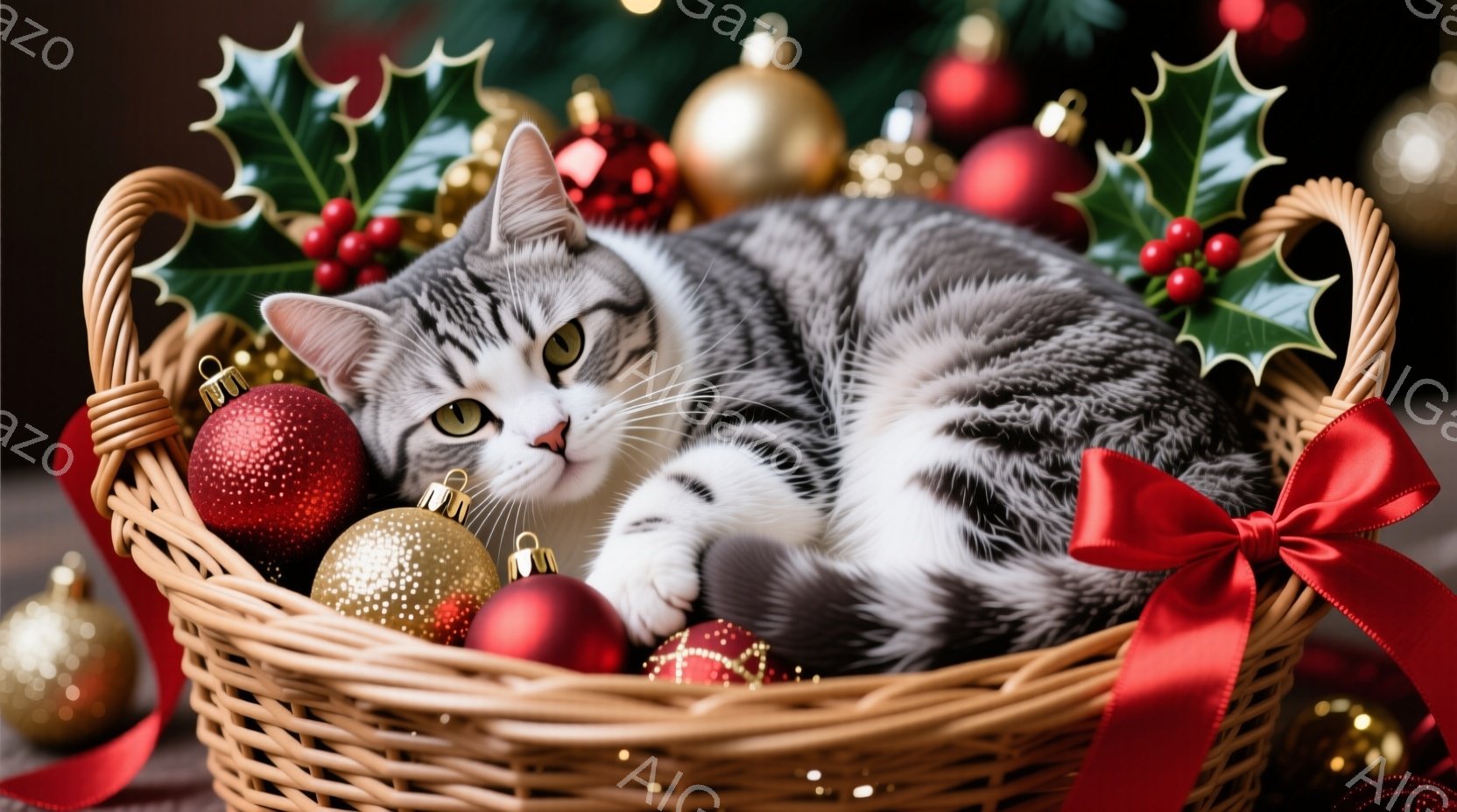 白とグレーの縞模様の猫が、赤いリボンで飾られたバスケットの中に丸まって横たわっています。背景にはクリスマスオーナメントや赤い実の付いた葉が散りばめられており、暖かくお祝いムードを醸し出しています。猫は - AI生成フリー素材
