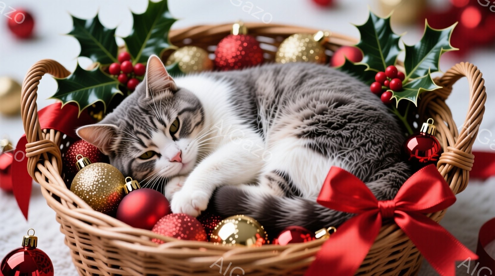 白と黒の縞模様の二匹の子猫が、金色のラメのガーランドに囲まれて横たわっています。子猫たちは好奇心とリラックスした表情でカメラを見つめており、ふわふわとした毛並みが可愛らしさを引き立てています。背景には、クリスマスツリーとプレゼントボックスが見え、暖かくお祝いムードに満ちた雰囲気です。