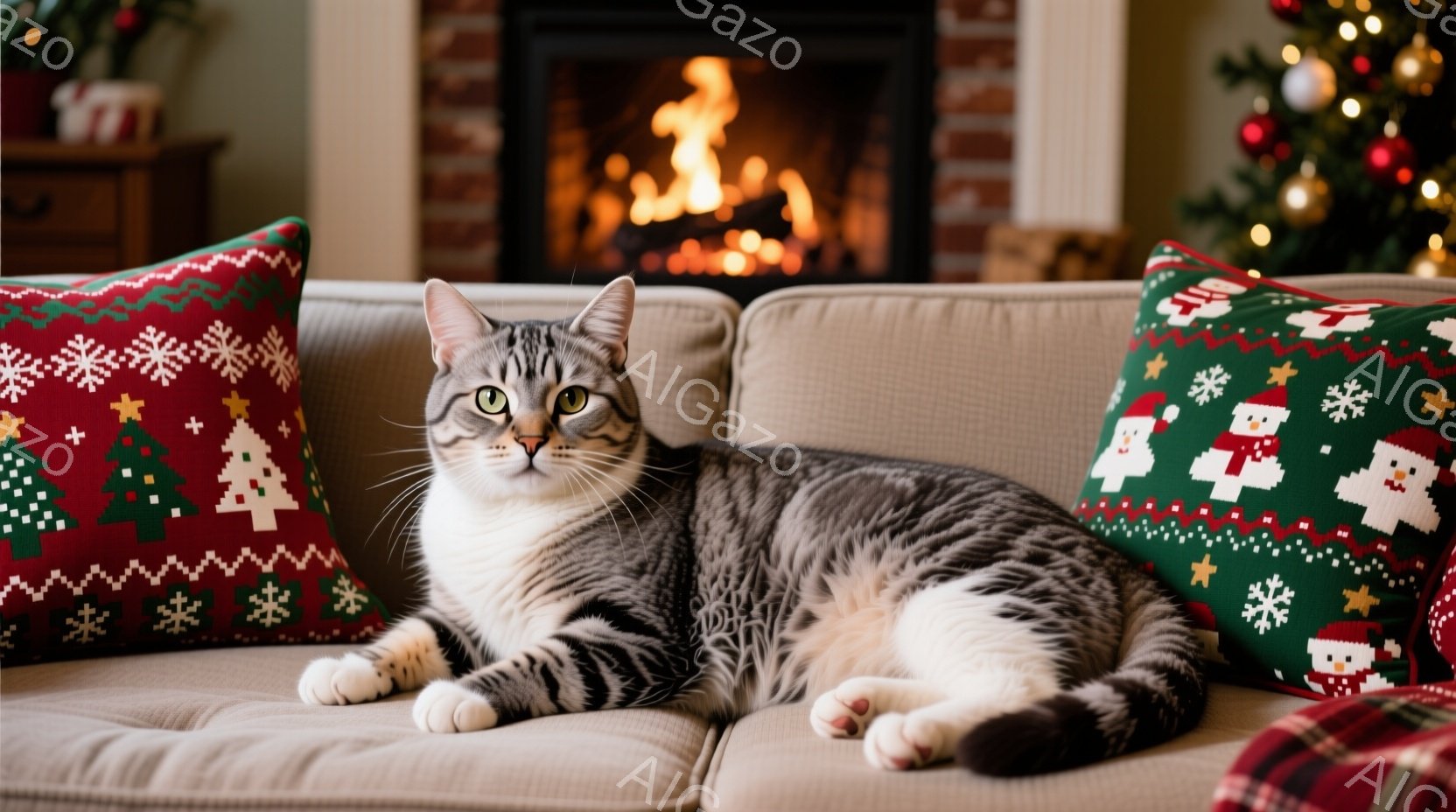 白とグレーの縞模様の猫が、クリスマスの柄のクッションに挟まれて、ベージュのソファにゆったりと横たわっています。暖炉の火が暖かく輝き、背景にはクリスマスツリーが飾られています。全体的に、穏やかで暖かく、 - AI生成フリー素材