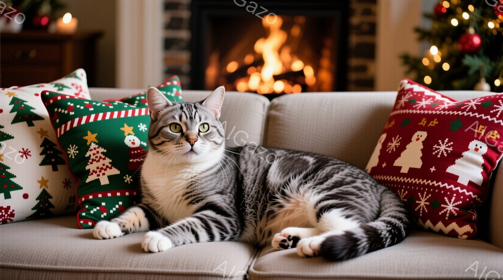 縞模様の猫が、クリスマス柄のクッションに囲まれたソファにゆったりと横たわっています。猫は正面を向き、落ち着いた表情でカメラを見ており、白い胸元と足が印象的です。背景には暖炉の炎と、ぼんやりとしたクリスマスツリーの光が暖かく、リラックスした冬の雰囲気を醸し出しています。
