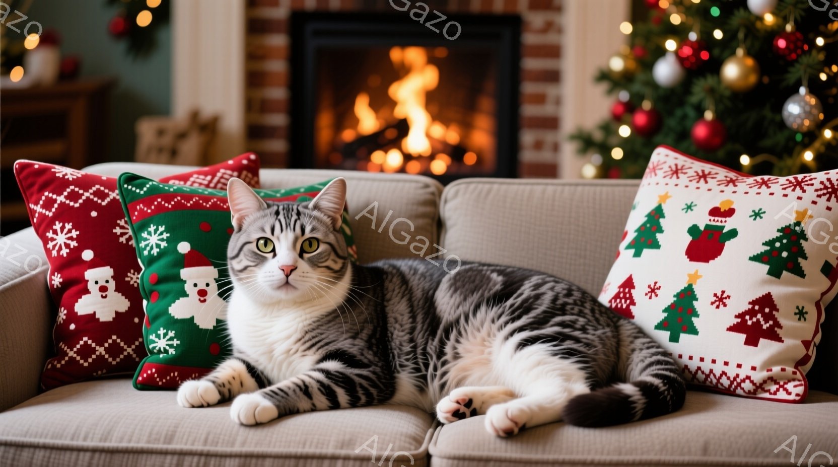 白とグレーの縞模様の猫が、クリスマスの柄のクッションに囲まれたベージュ色のソファにゆったりと横たわっています。猫は少し顔を上げていて、リラックスした表情でこちらを見ています。背景には、点灯したクリスマ - AI生成フリー素材