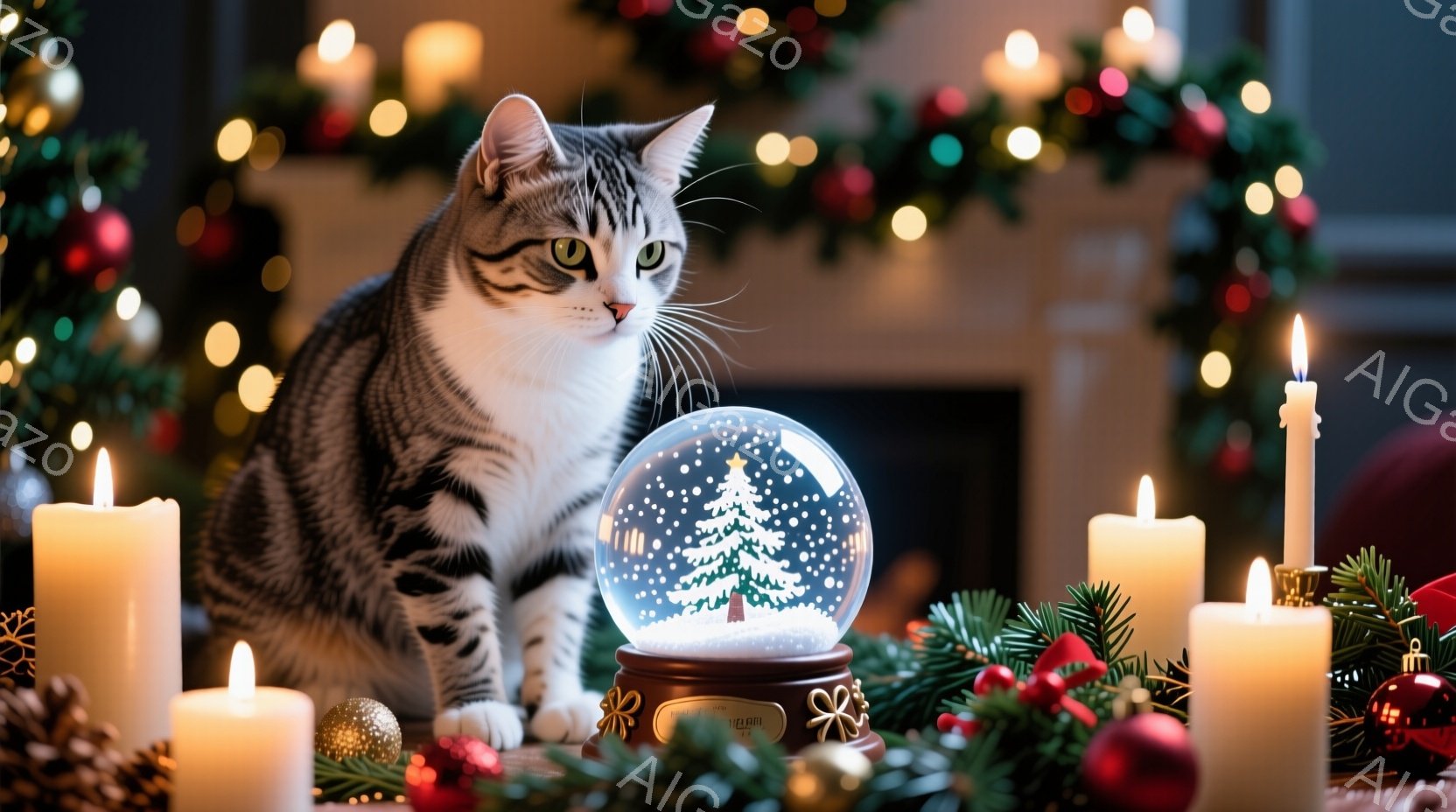 茶色の縞模様の猫が、クリスマスツリーが入ったスノーグローブの横に座り、興味深そうにスノーグローブを見つめている。背景には、緑色のガーランドと点滅するクリスマスライトがあり、暖かくお祝いの雰囲気を醸し出 - AI生成フリー素材