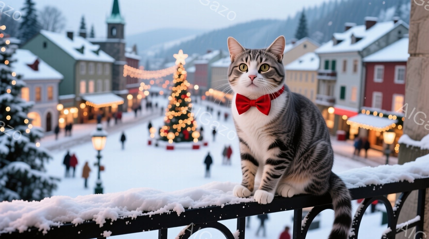白と黒の縞模様の猫が、赤い蝶ネクタイをつけ、雪で覆われた柵の上に座っている。背景には、クリスマスツリーや点灯した街灯のある雪景色が広がり、遠くには建物が見える。全体的に、温かく、お祝いムード漂う冬の情 - AI生成フリー素材