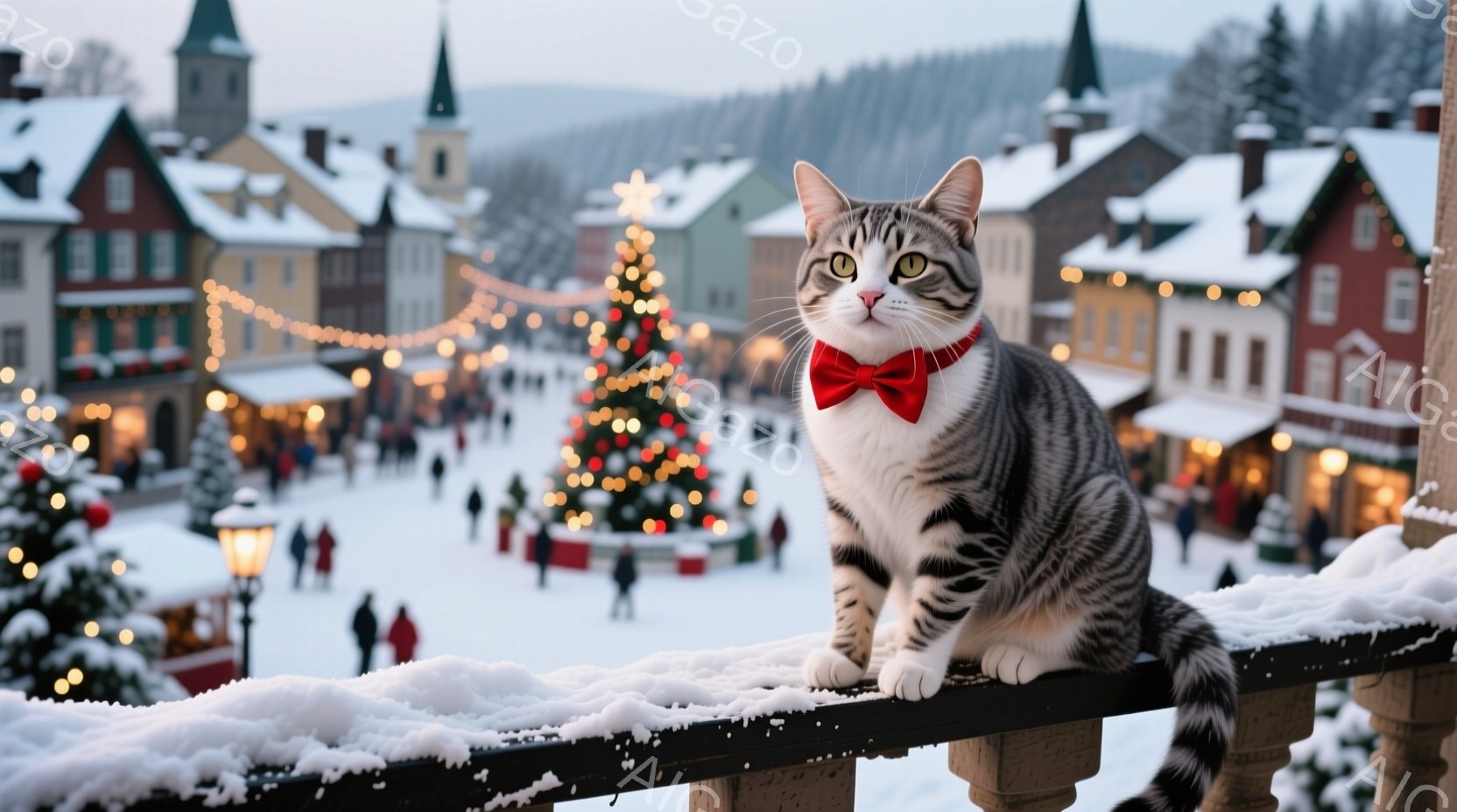 白と灰色の縞模様の猫が、赤いクリスマス柄のクッションと白い刺繍のクッションに囲まれて灰色のソファで横たわっています。猫はリラックスした様子で、少しだけカメラ目線で、穏やかな表情を浮かべています。背景にはぼんやりと光るクリスマスライトがあり、暖かく心地よい冬の雰囲気を醸し出しています。