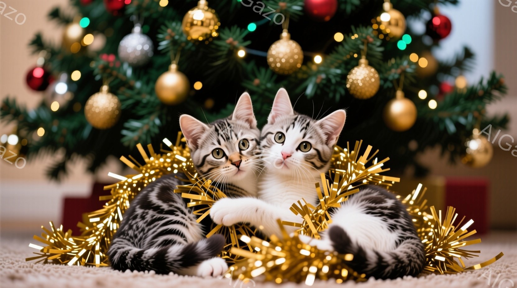 クリスマスツリーの前に、二匹の子猫が横たわっています。子猫たちは白と黒のしま模様で、キラキラした金色のガーランドに囲まれています。暖かく、お祝いの雰囲気で、子猫たちはリラックスして楽しんでいるように見 - AI生成フリー素材