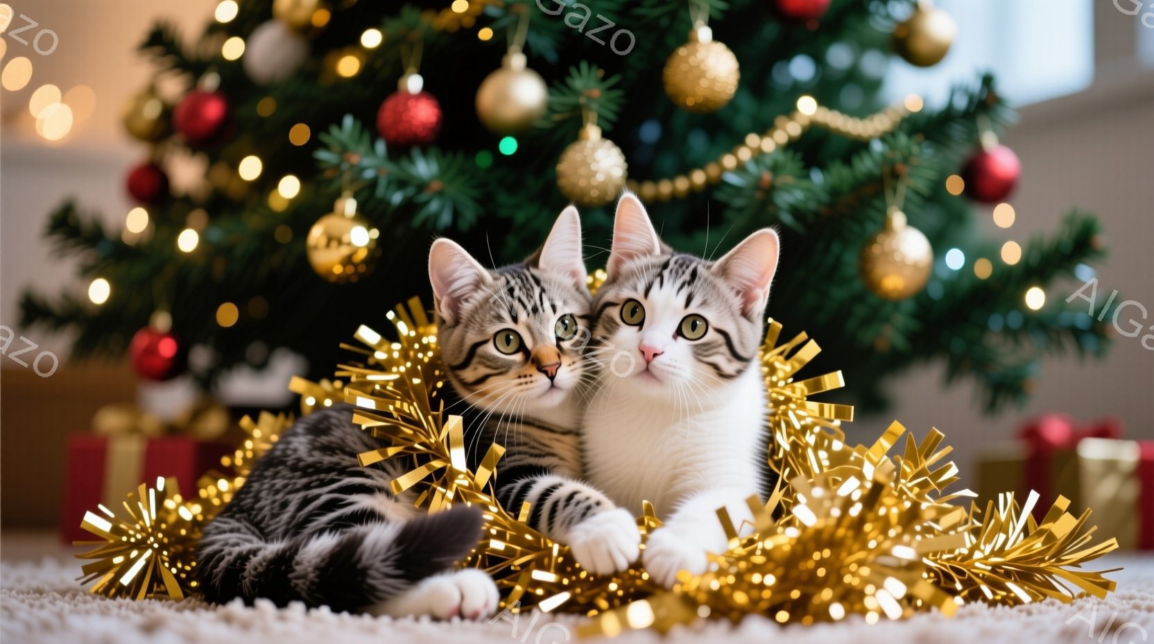 白とグレーの縞模様の二匹の子猫が、金色のクリスマスガーランドに囲まれて横たわっています。子猫たちはリラックスした表情で、カメラの方を見ています。背景には、飾り付けられたクリスマスツリーとプレゼントボッ - AI生成フリー素材
