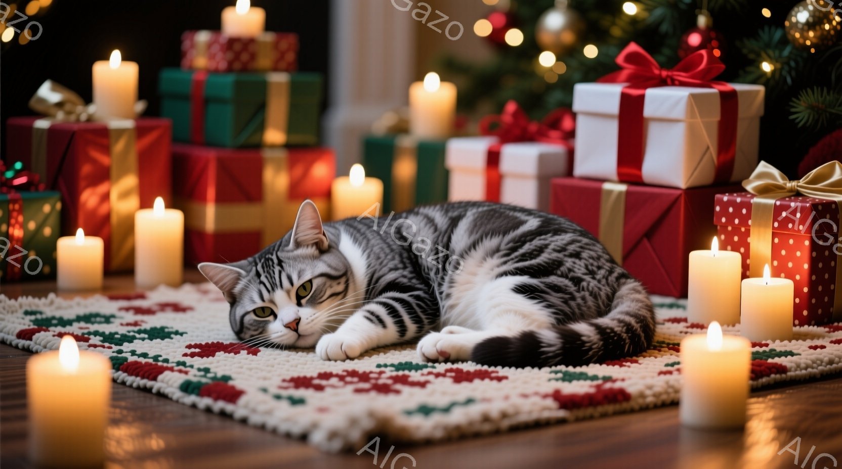 縞模様の猫が赤い敷物の上で横たわっており、半眼でリラックスした表情をしています。背景にはクリスマスプレゼントの山と、暖かく揺らめくキャンドルが配置され、温かい雰囲気を醸し出しています。木製の床とホリデ - AI生成フリー素材