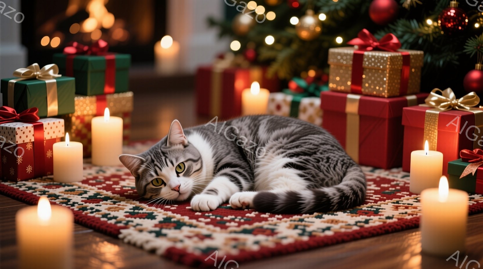 縞模様の猫が赤い絨毯の上に横たわっており、リラックスした表情でこちらを見ている。背景には、プレゼントの箱や点灯したキャンドルが並び、クリスマスツリーの光が暖かく照らしている。全体的に、温かく、居心地の良いクリスマスの雰囲気が漂っている。