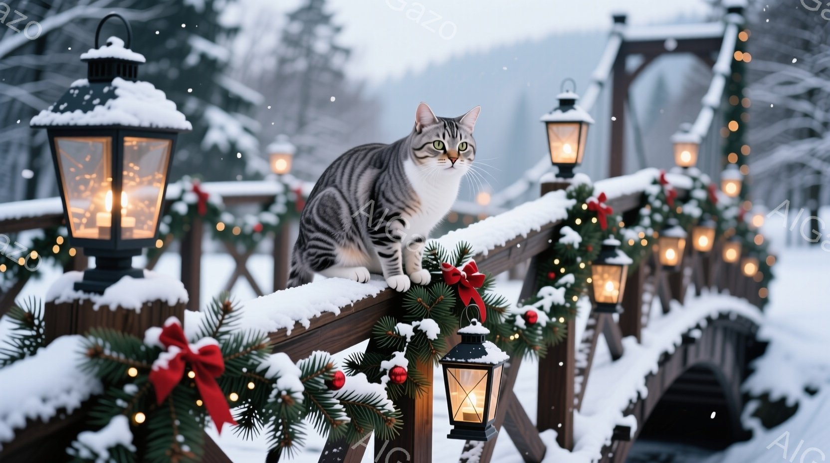 白い雪に覆われた木の橋の上に、灰色の縞模様の猫が優雅に座っています。橋はクリスマスツリーの飾りと赤いリボンで装飾され、暖かく光るランタンが並んでいます。背景には雪景色が広がり、冬の静かで幻想的な雰囲気 - AI生成フリー素材