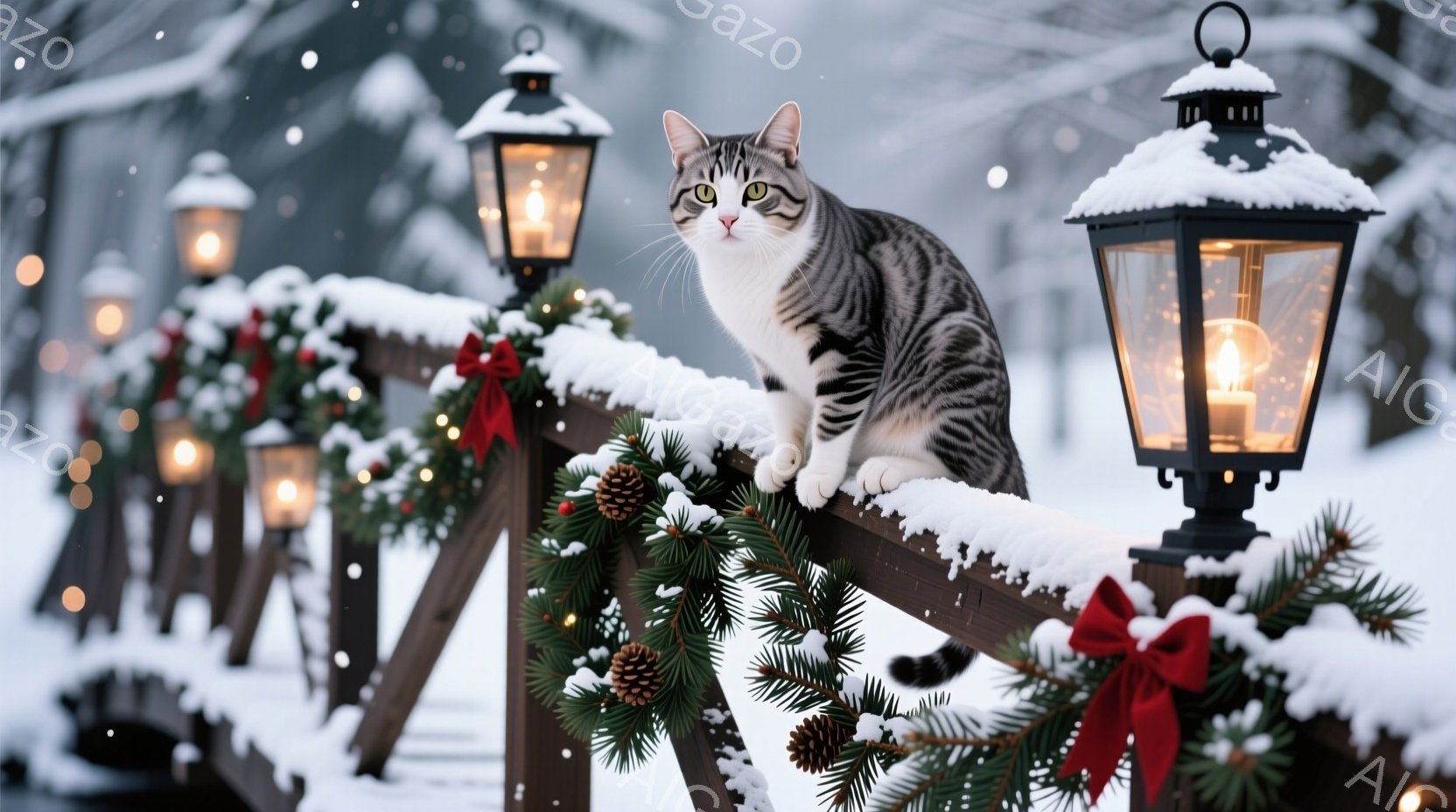 白とグレーの毛並みの猫が、雪で覆われた柵の上に座ってこちらを見ている。背景には、クリスマスツリーの飾り付けがされた柵が続き、雪が舞う冬の風景が広がっている。暖色のランタンの光が、雪景色に温かみを与え、 - AI生成フリー素材