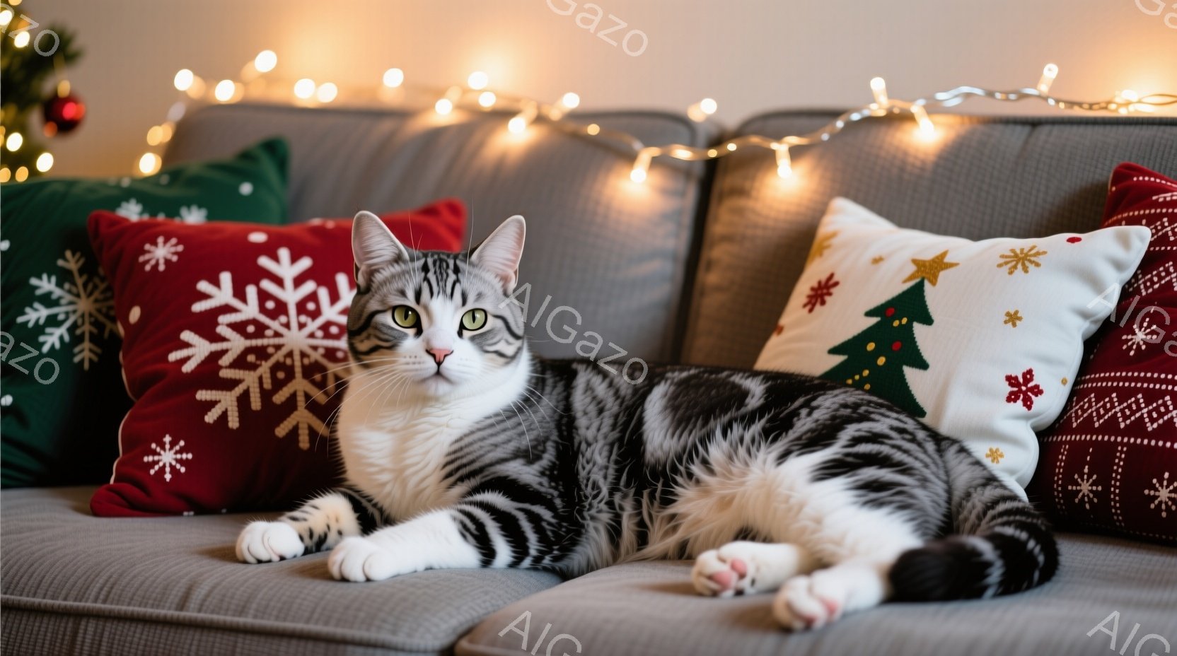 灰色のソファーに、白と黒の縞模様の猫が横たわっています。猫はリラックスした表情で、前足を伸ばしてくつろいでおり、背景にはクリスマスを象徴する赤いクッションやイルミネーションライトが飾られています。全体 - AI生成フリー素材