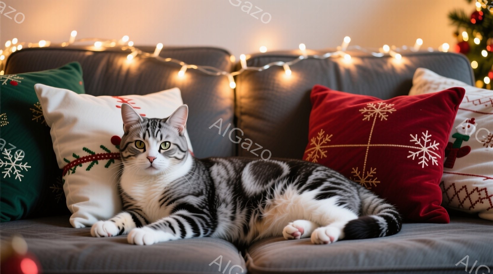 白とグレーの縞模様の猫が、クリスマスの柄のクッションに囲まれたソファーに横たわっています。猫はリラックスした表情で、前足を組み、カメラの方を見ています。背景には、輝くクリスマスライトと、ぼんやりと見え - AI生成フリー素材