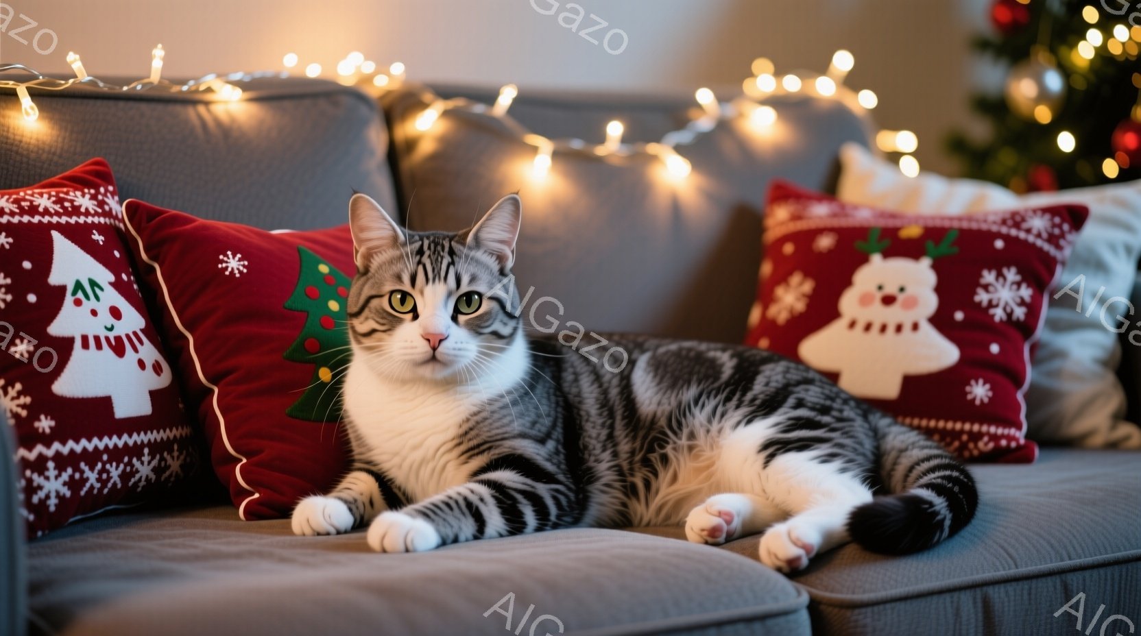 ソファに横たわる灰色の縞模様の猫が写っている。猫はリラックスした表情で、前足は伸ばし、穏やかな視線をこちらに向けている。背景にはクリスマス柄のクッションと、ぼんやりとしたクリスマスツリーの光があり、温 - AI生成フリー素材