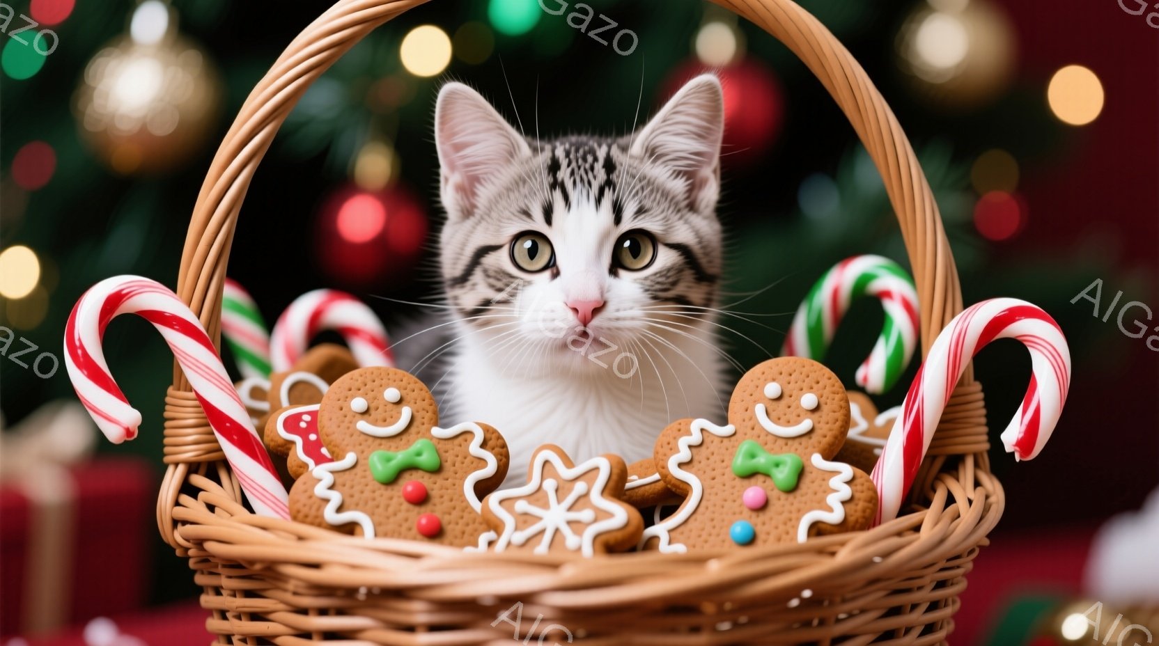 白と黒の縞模様の小さな子猫が、クリスマスデコレーションで満たされた籐のバスケットに座っています。周りにはペパーミントキャンディとジンジャーブレッドクッキーが散りばめられており、子猫は好奇心旺盛な表情で正面を見ています。背景はぼやけたクリスマスツリーの光で、暖かくお祝いの雰囲気を作り出しています。
