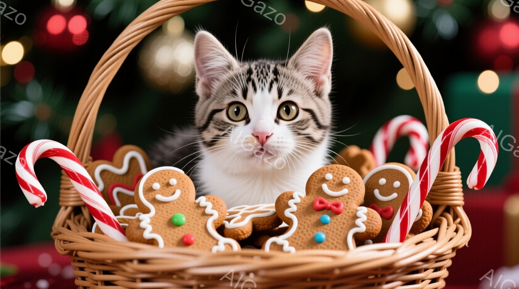 籠の中に、縞模様の顔を持つ子猫が可愛らしく顔を覗かせています。籠の中には、ジンジャーブレッドマンのクッキーと赤いキャンディケーンが飾られており、背景にはぼやけたクリスマスツリーの光が見えます。全体的に - AI生成フリー素材
