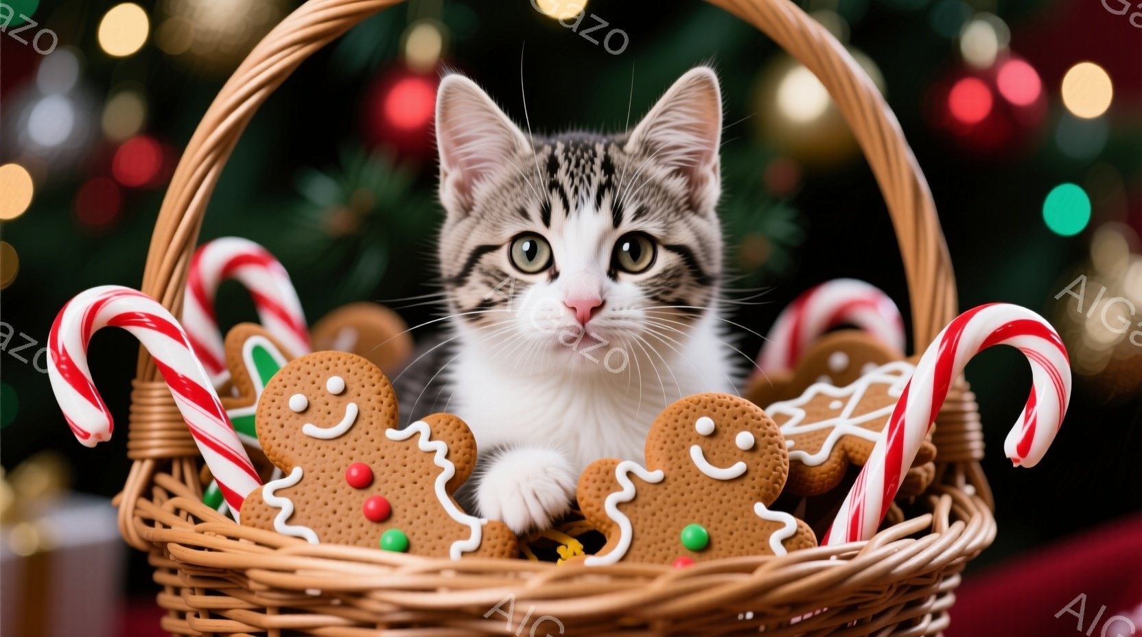 白と茶色の縞模様の小さな子猫が、クリスマスらしい籐の籠の中に座っています。周りには、赤と白のキャンディケーンと、可愛らしいアイシングで飾られたジンジャーブレッドクッキーが散りばめられています。背景はぼ - AI生成フリー素材