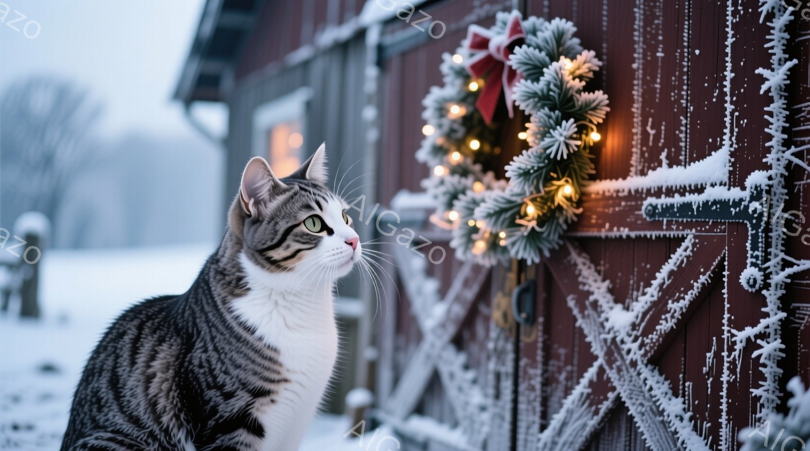 白とグレーの縞模様の猫が雪景色の中で、赤い木製の納屋の横で上を見つめている。納屋のドアには、キラキラと光るクリスマスリースが飾られており、雪がちらつき、冬の暖かい雰囲気を醸し出している。猫は静かに佇み、少し希望に満ちた表情で、穏やかで魅力的な光景を作り出している。