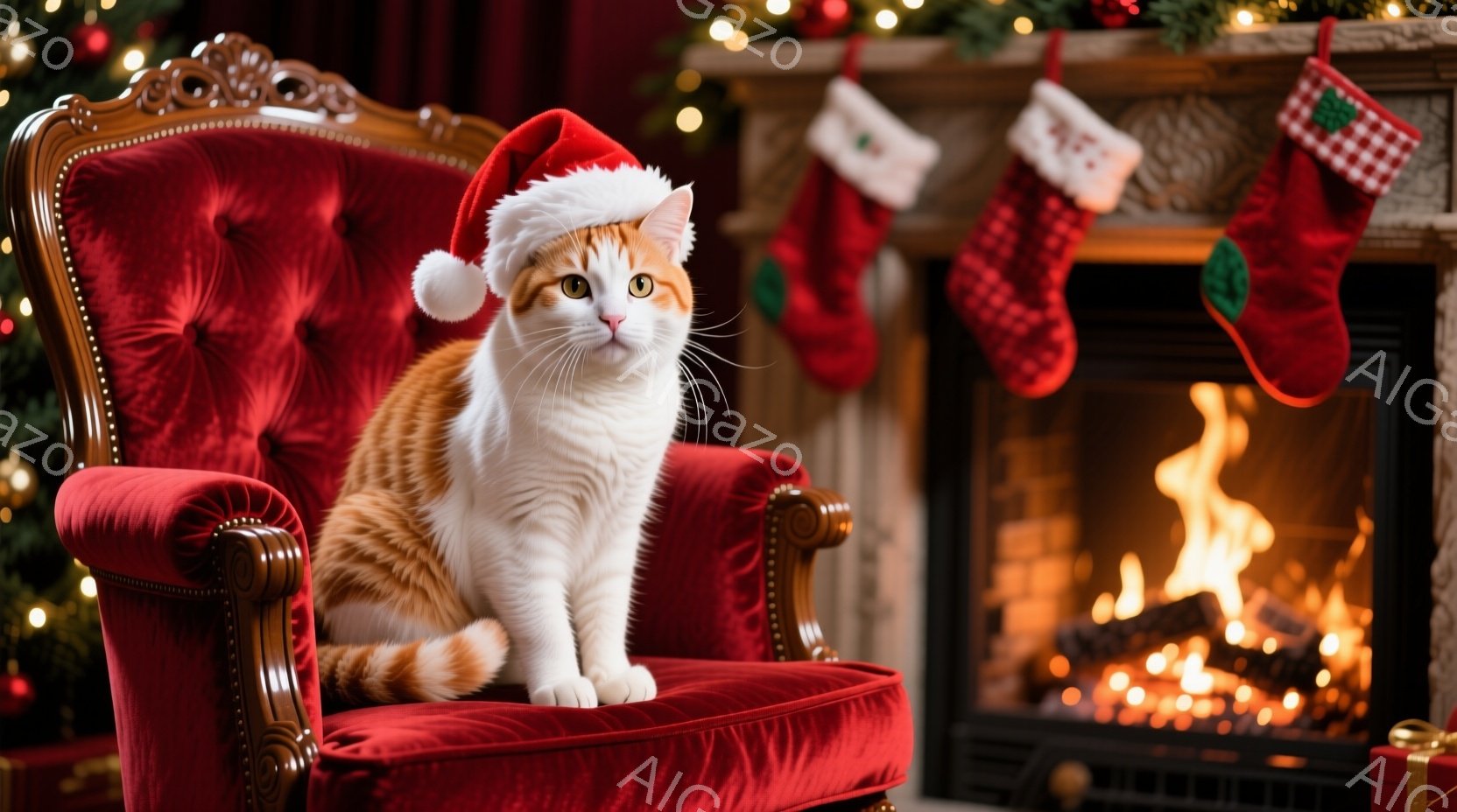 白とオレンジ色の毛並みを持つ猫が、赤いベルベットの肘掛け椅子に座り、頭にはサンタ帽をかぶっています。背景には暖炉の火が燃え盛り、クリスマスストッキングとキラキラ輝く飾り付けが暖かく居心地の良い雰囲気を - AI生成フリー素材