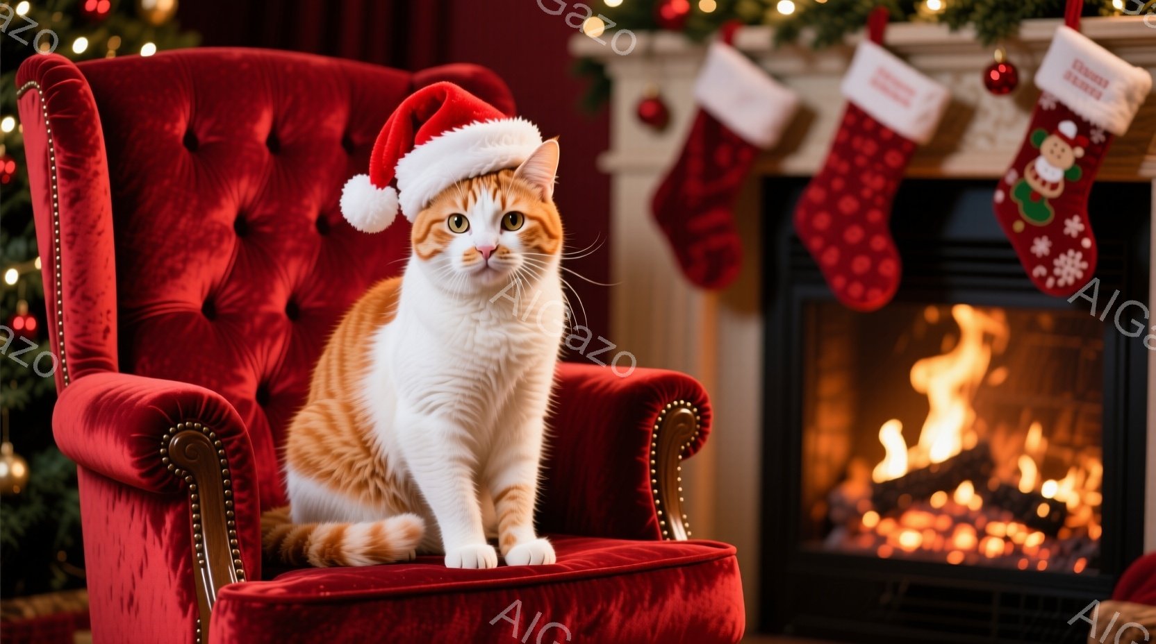 白とオレンジ色の毛並みを持つ猫が、赤いベルベットの肘掛け椅子に座っており、頭にはサンタクロースの帽子を被っています。背景には暖炉の炎が燃え盛り、クリスマスストッキングが飾られており、暖かく居心地の良い雰囲気を醸し出しています。猫は正面をまっすぐ見つめ、落ち着いた表情をしています。