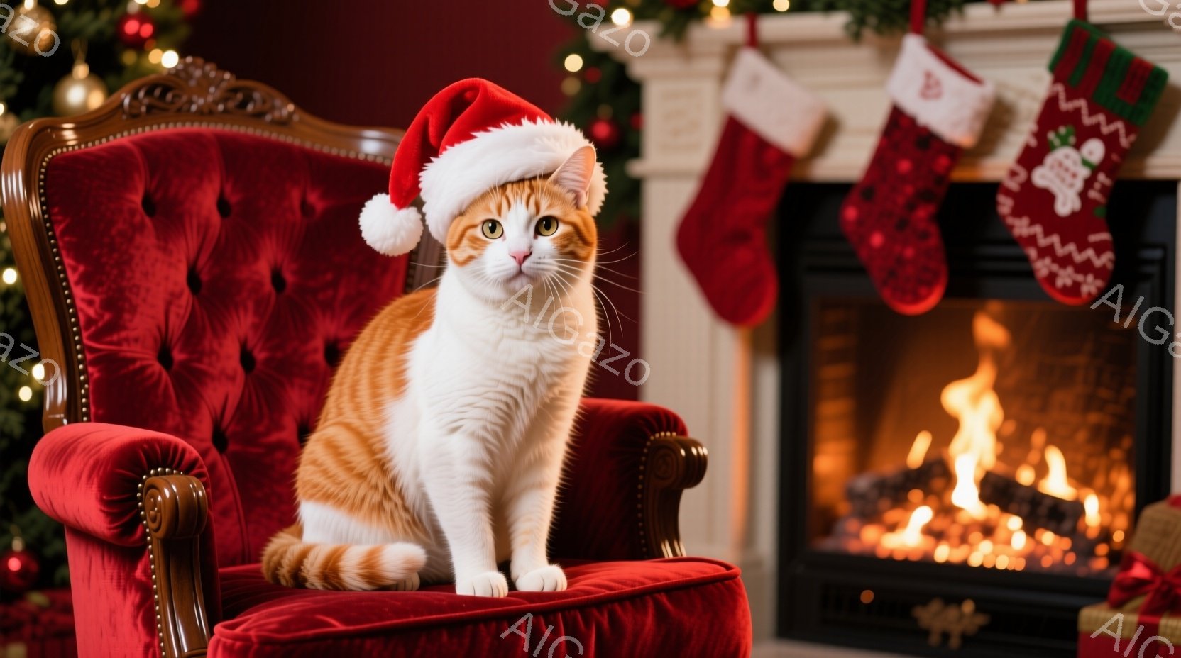 暖炉の前に置かれた赤いベルベットの椅子に、オレンジと白の毛並みをした猫が座っています。猫はサンタクロースの帽子をかぶり、正面を見て少し微笑んでいるように見えます。背景にはクリスマスツリーやクリスマスストッキング、暖炉の炎があり、温かくお祝いの雰囲気を醸し出しています。