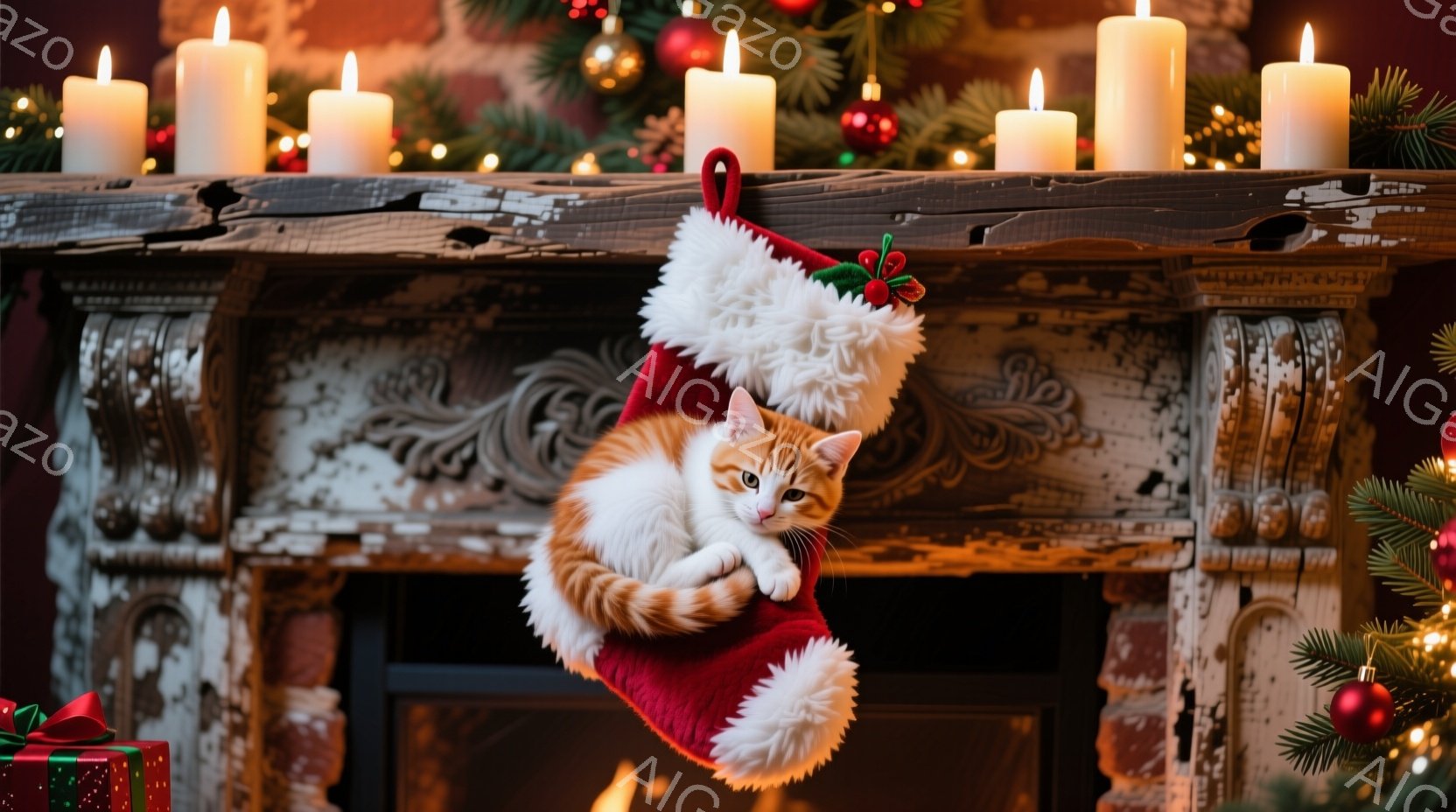 オレンジ色の毛並みの猫が、赤いクリスマスストッキングの中に丸まって眠っています。ストッキングは白い毛皮で縁取られ、緑の葉と赤い実の飾りが付いています。背景には装飾された暖炉と、点灯したキャンドル、そしてクリスマスツリーの緑が見え、温かく幸せなクリスマスの雰囲気が漂っています。