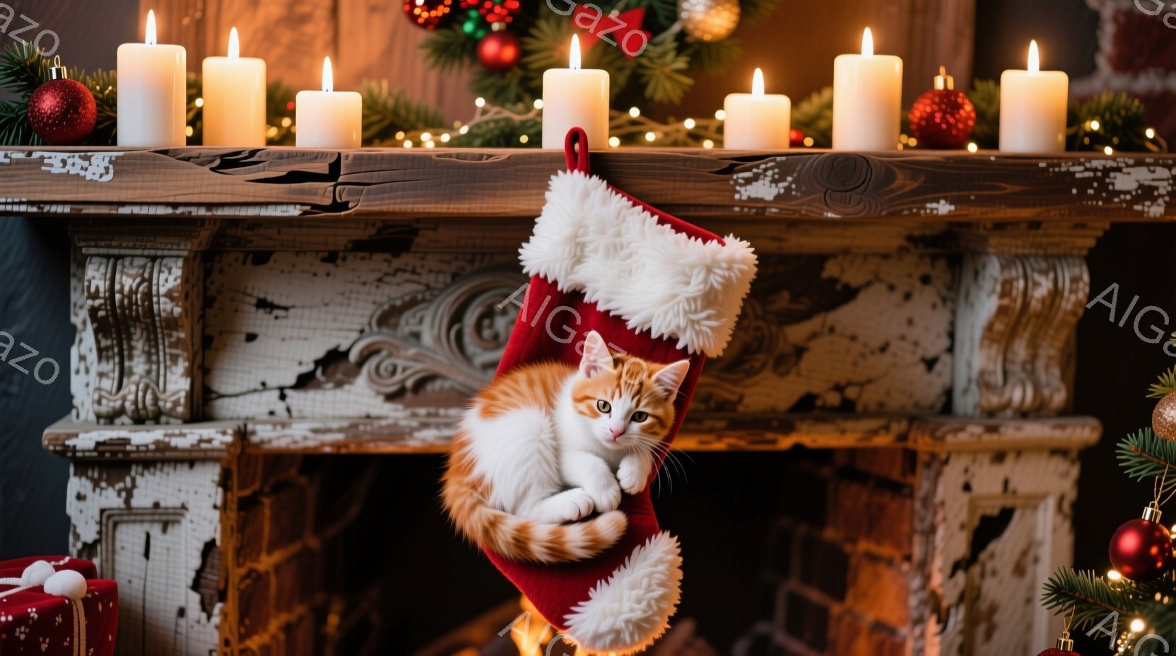赤いクリスマスストッキングの中に、オレンジと白の毛並みの猫が丸まって眠っている。ストッキングは白いふわふわの縁取りがあり、暖炉の前に飾られている。背景にはクリスマスツリーや点灯されたキャンドルが見え、 - AI生成フリー素材