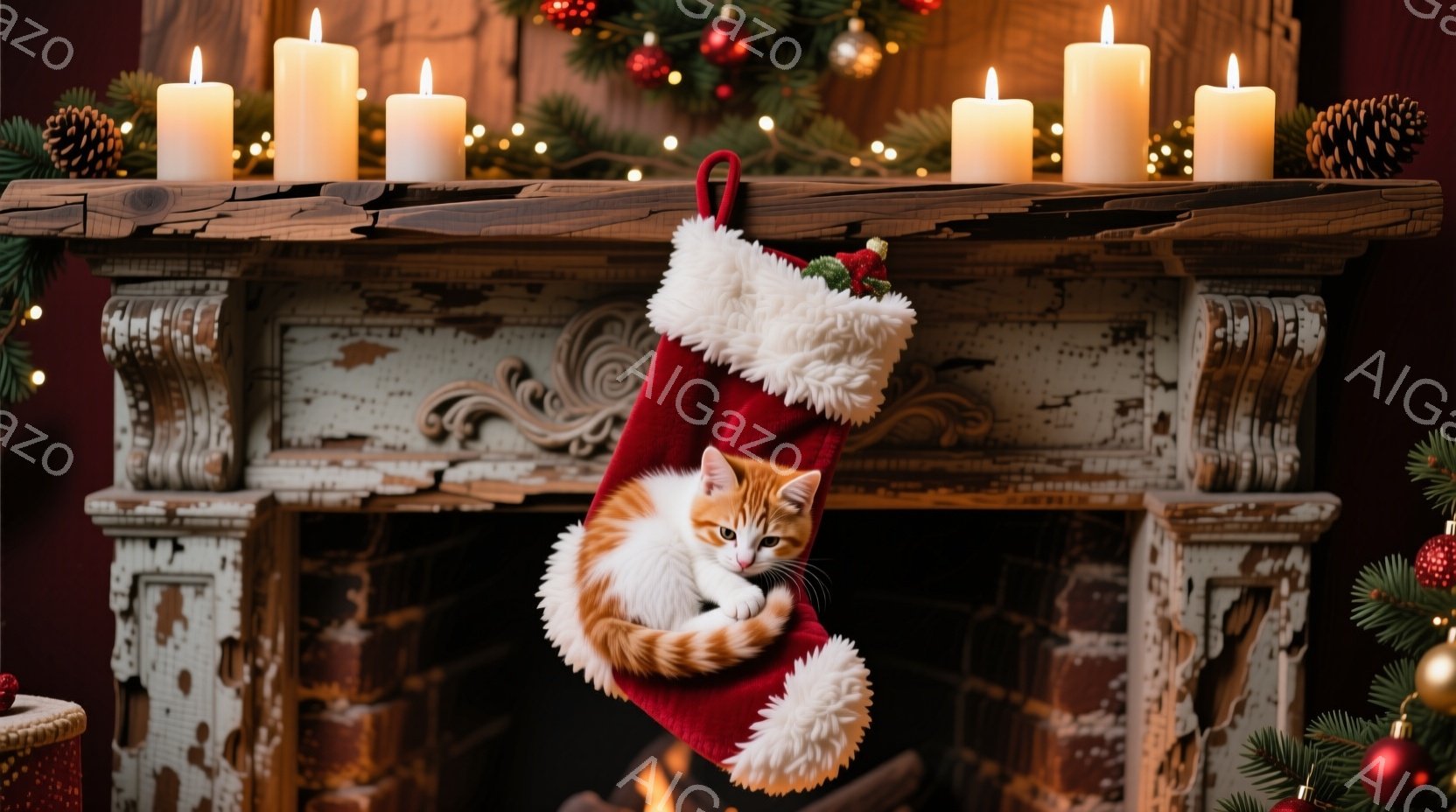 赤いクリスマスストッキングの中に、オレンジと白の縞模様の猫が丸まって眠っています。ストッキングは白い毛皮で縁取られており、クリスマスツリーとキャンドルが飾られた暖炉の前に吊るされています。全体的に、温 - AI生成フリー素材