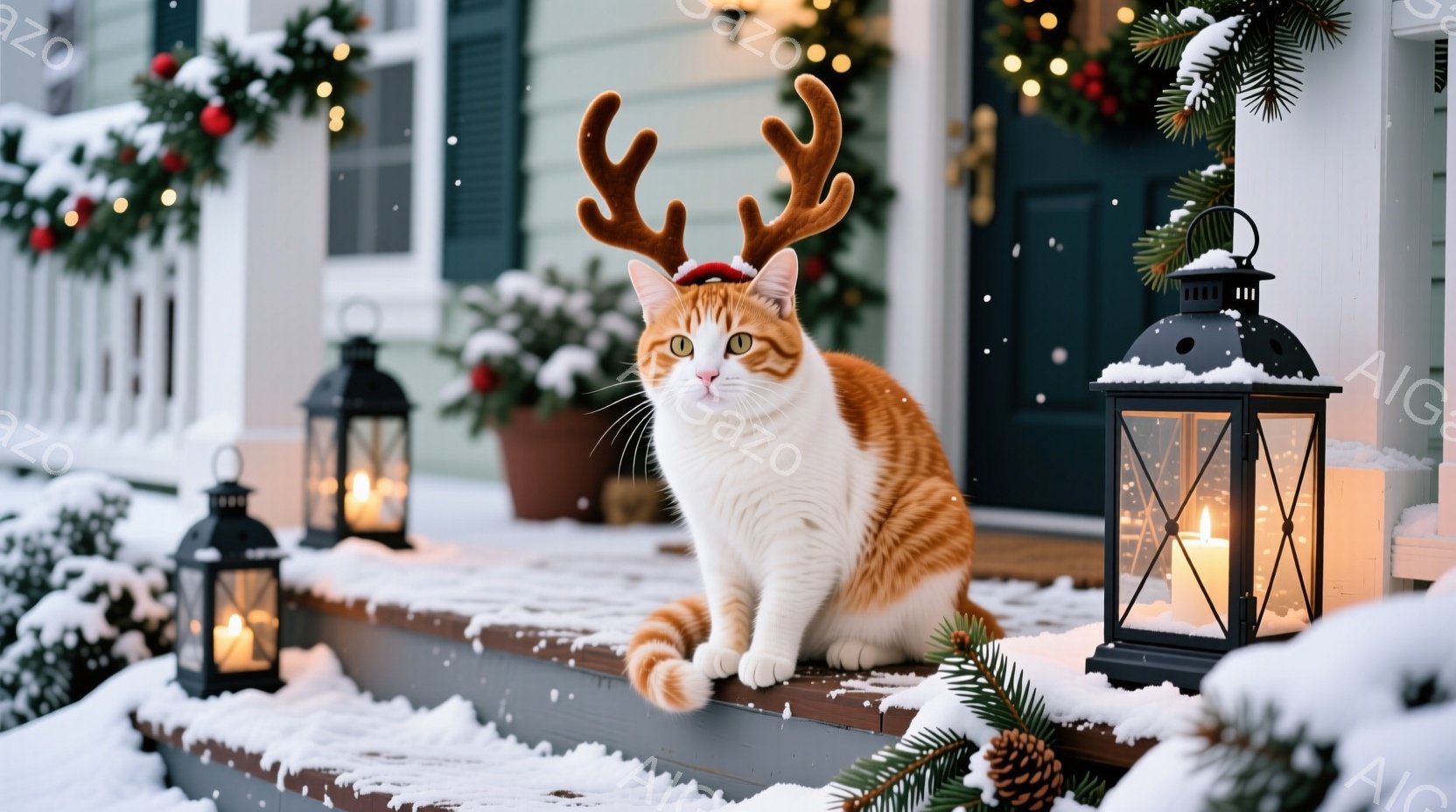 白とオレンジ色の毛並みを持つ猫が、クリスマスのトナカイの角を付けて玄関の段に座っています。背景には、クリスマスリースや装飾が施された家、そして雪が積もった庭があり、暖かい光が灯ったランタンが猫の周りを - AI生成フリー素材