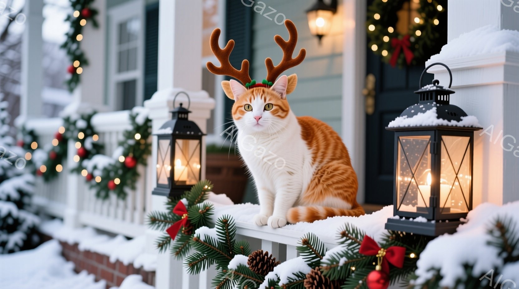 オレンジ色の毛並みで白い胸元の猫が、クリスマスのトナカイの角を付けて白い手すりに座っています。背景にはクリスマスリースや点灯したランタン、そして雪が積もった縁側が見え、冬の暖かい雰囲気を醸し出していま - AI生成フリー素材