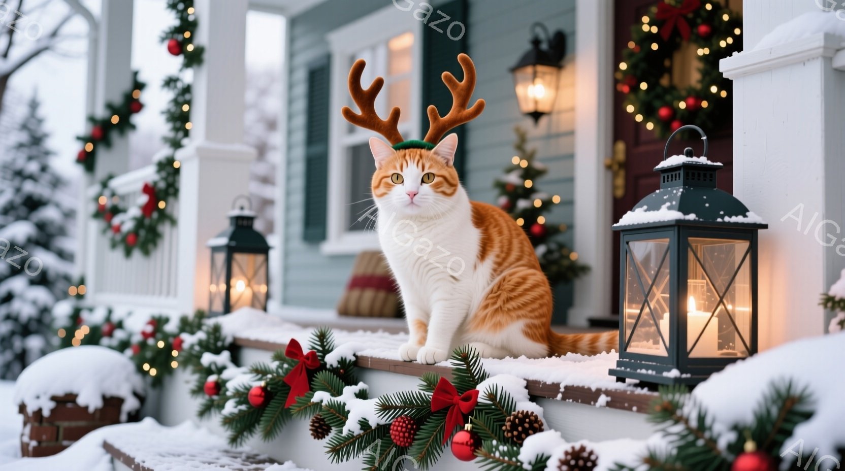オレンジと白の毛並みの猫が、クリスマスのトナカイの角を付けて、家の外の雪積もった縁側に座っています。背景には、クリスマスリースや点灯したランタンがあり、雪景色が広がっています。全体的に暖かく、お祝いの - AI生成フリー素材