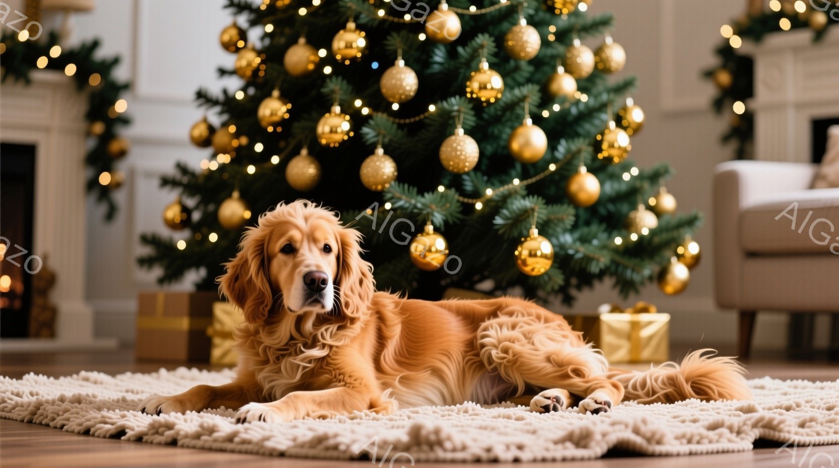 黄金色の毛並みのゴールデンレトリバーが、クリーム色のラグの上に横たわっています。背景には、金色のオーナメントで飾られたクリスマスツリーがあり、プレゼントボックスも置かれています。暖かく穏やかな雰囲気で - AI生成フリー素材