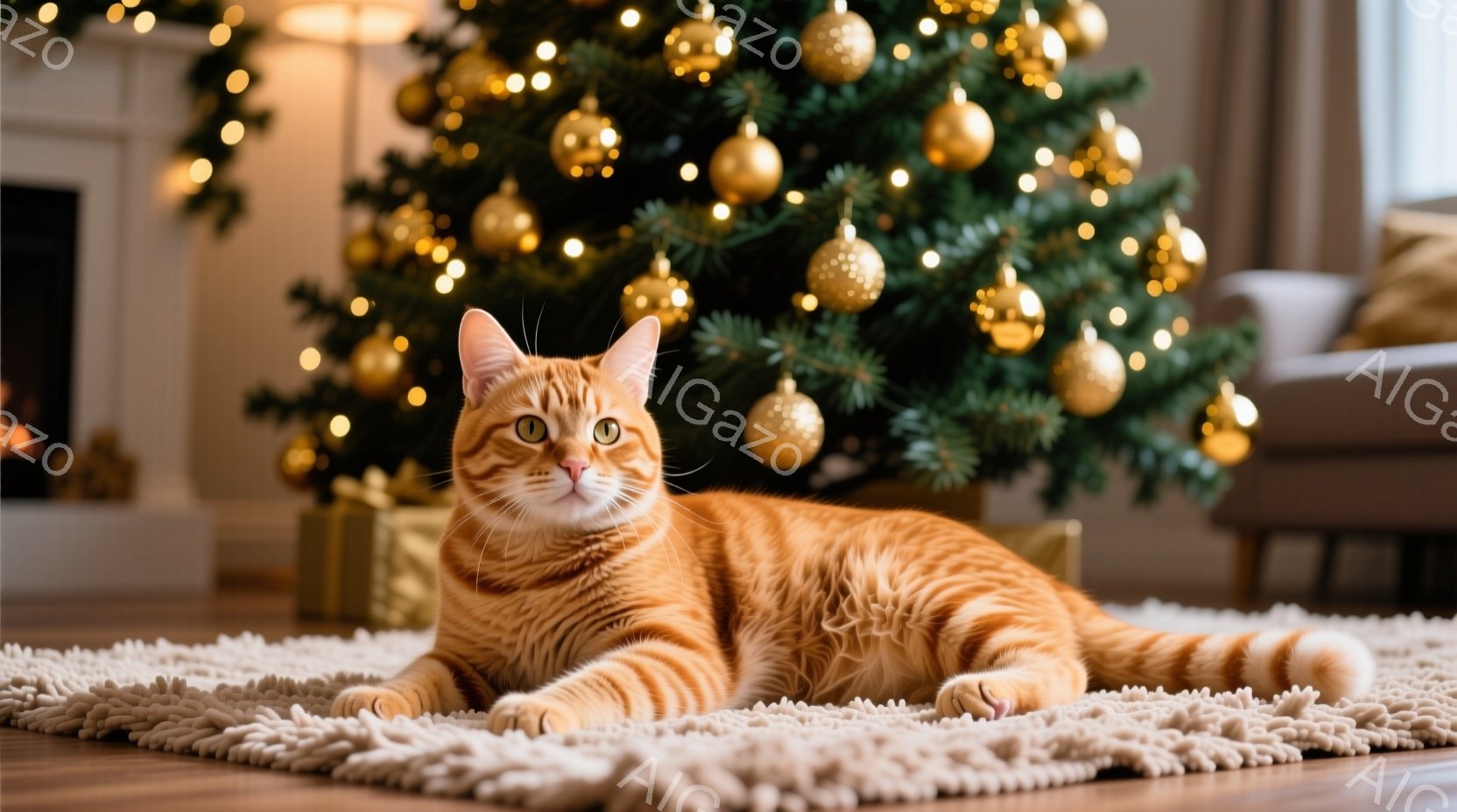 暖炉のそばに、オレンジ色の縞模様の猫がふわふわのラグの上で横たわっています。猫はリラックスした表情で、カメラの方を見ています。背景には、金色のオーナメントで飾られたクリスマスツリーがあり、暖かく心地よ - AI生成フリー素材