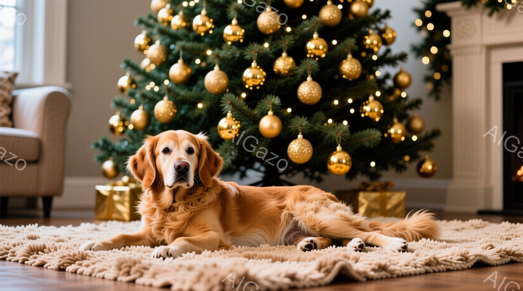 ゴールデンレトリバーが、クリスマスの飾り付けがされたツリーの前に置かれたふわふわのラグの上で横たわっています。犬はリラックスした表情で、視線はカメラに向けられています。背景には暖炉と、金色のオーナメン - AI生成フリー素材
