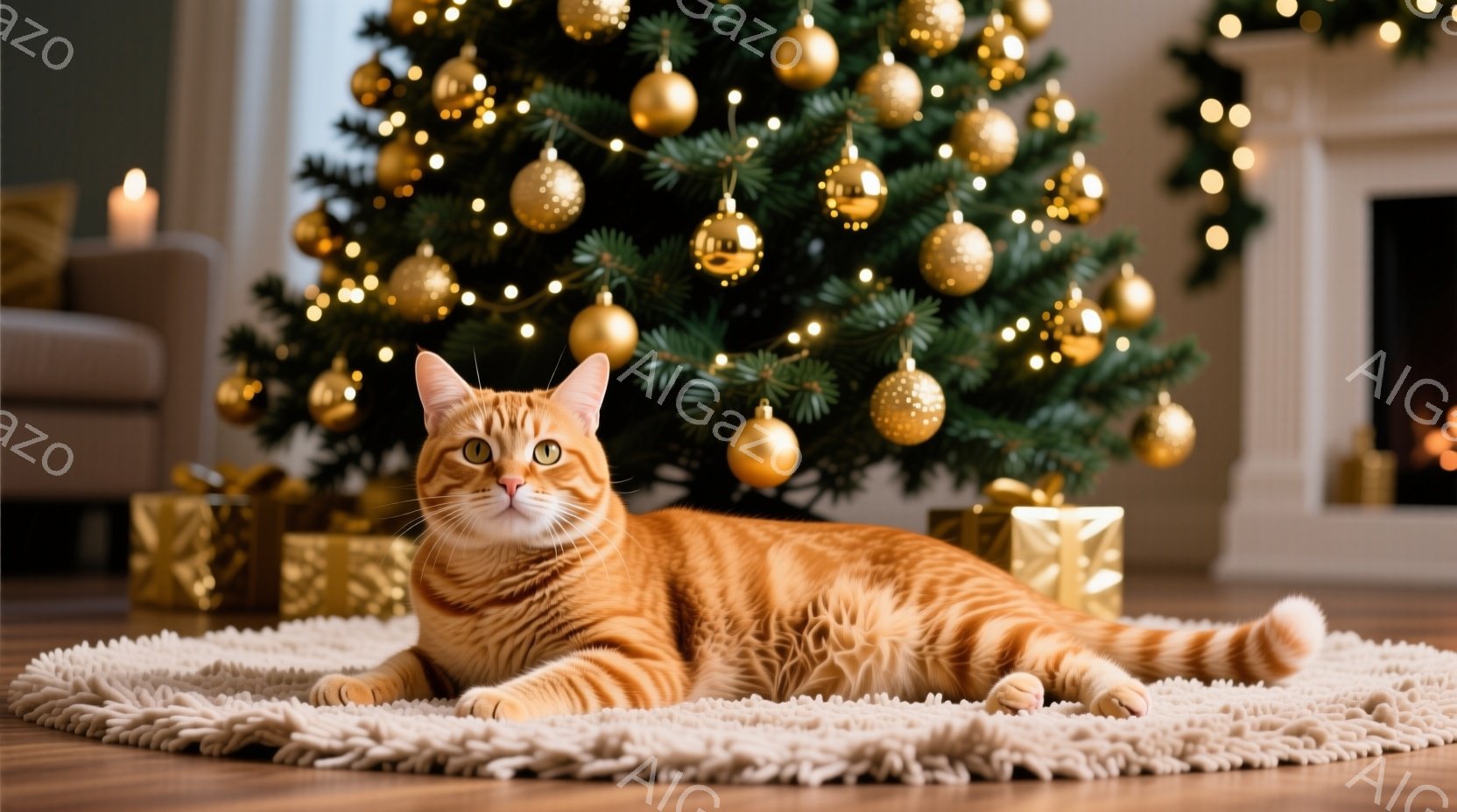 赤い髪に緑色のエルフの衣装を着た男性が、プレゼントの山の中に座っています。彼は両手を広げ、嬉しそうな笑顔を浮かべており、クリスマスの楽しい雰囲気を演出しています。背景にはクリスマスツリーが飾られ、緑色 - AI生成フリー素材