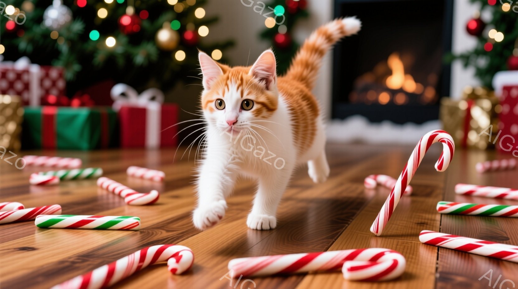 温かい光に照らされた木の床の上に、オレンジと白の縞模様の猫が前足を伸ばして歩いている。床には赤と白のキャンディケーンが散らばっており、背景にはクリスマスツリーと暖炉が見え、ホリデーシーズンの心地よい雰 - AI生成フリー素材