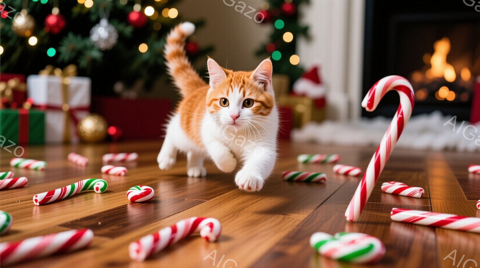 暖炉のそばの床に、オレンジと白の縞模様の猫が歩いている。周囲には、赤と白の縞模様のキャンディケーンが散らばっており、背景にはクリスマスツリーとプレゼントが見える。暖かく、お祝いの雰囲気で、猫は遊び心いっぱいの表情で前を見つめている。