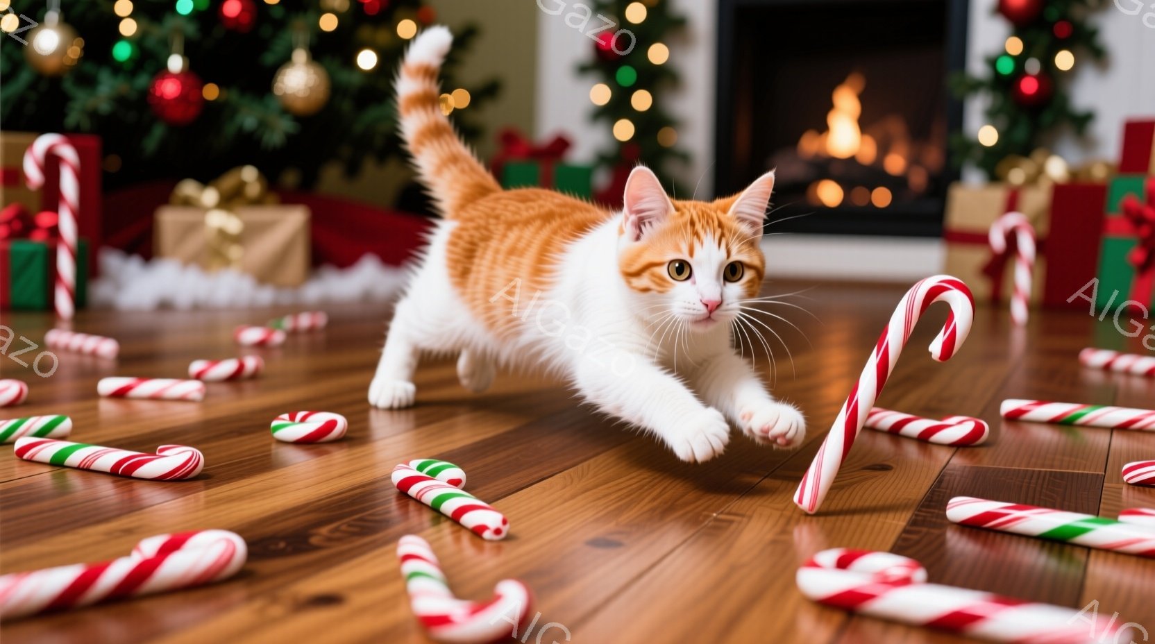 白とオレンジの毛並みを持つ子猫が、クリスマスのキャンディケーンが散らばる木の床の上を勢いよく駆け抜けている。背景には、オーナメントで飾られたクリスマスツリーと暖炉があり、温かく居心地の良い雰囲気を醸し - AI生成フリー素材